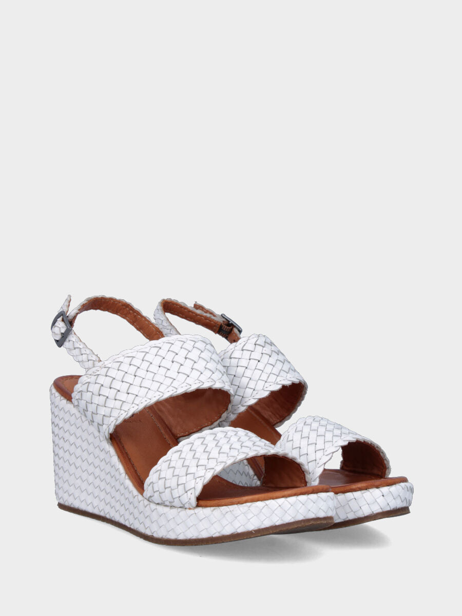 Sandalo in nappa bianca con zeppa intrecciata