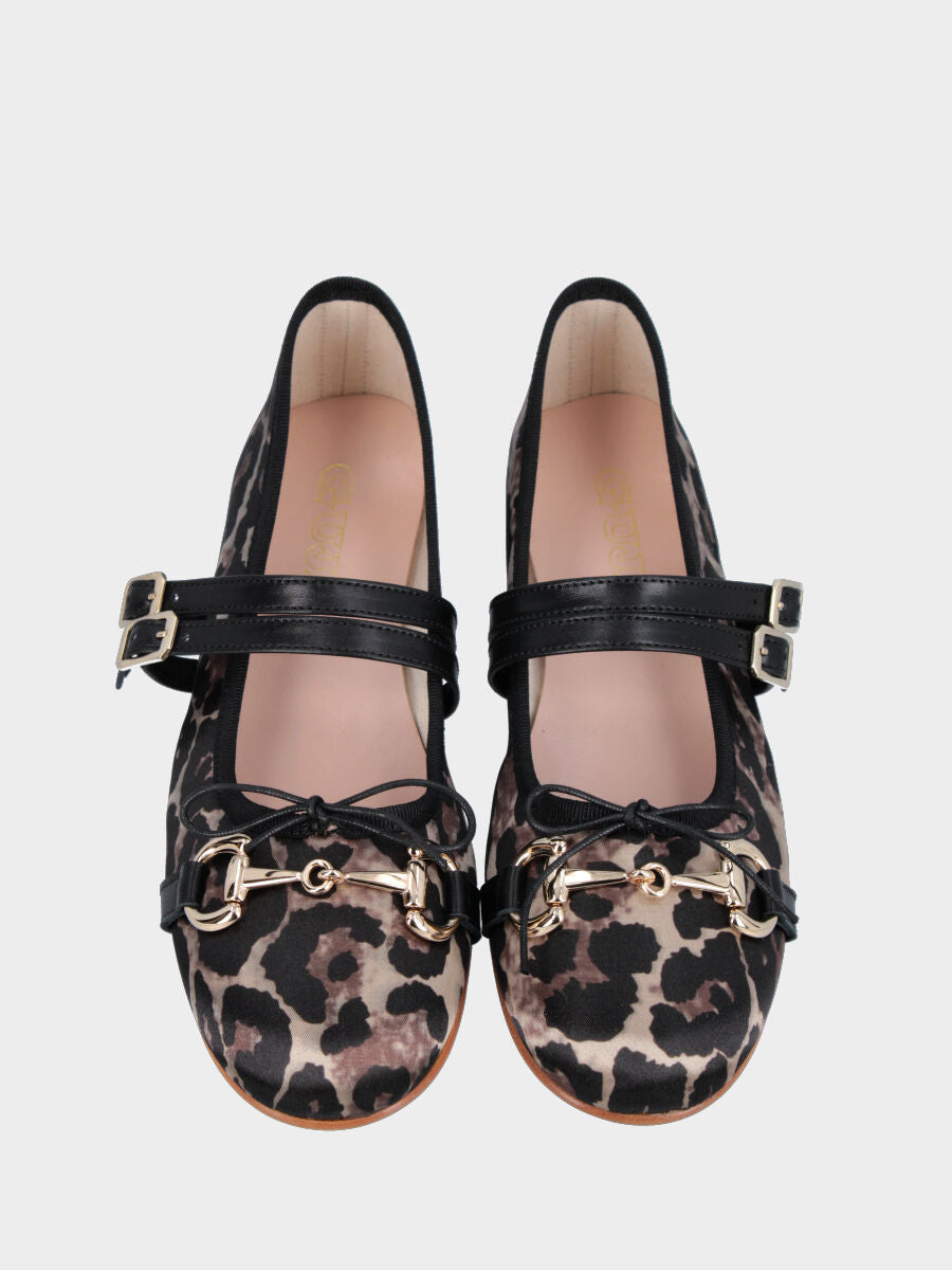 Ballerina Mary Jane in tessuto leopardato con morsetto e fiocchetto