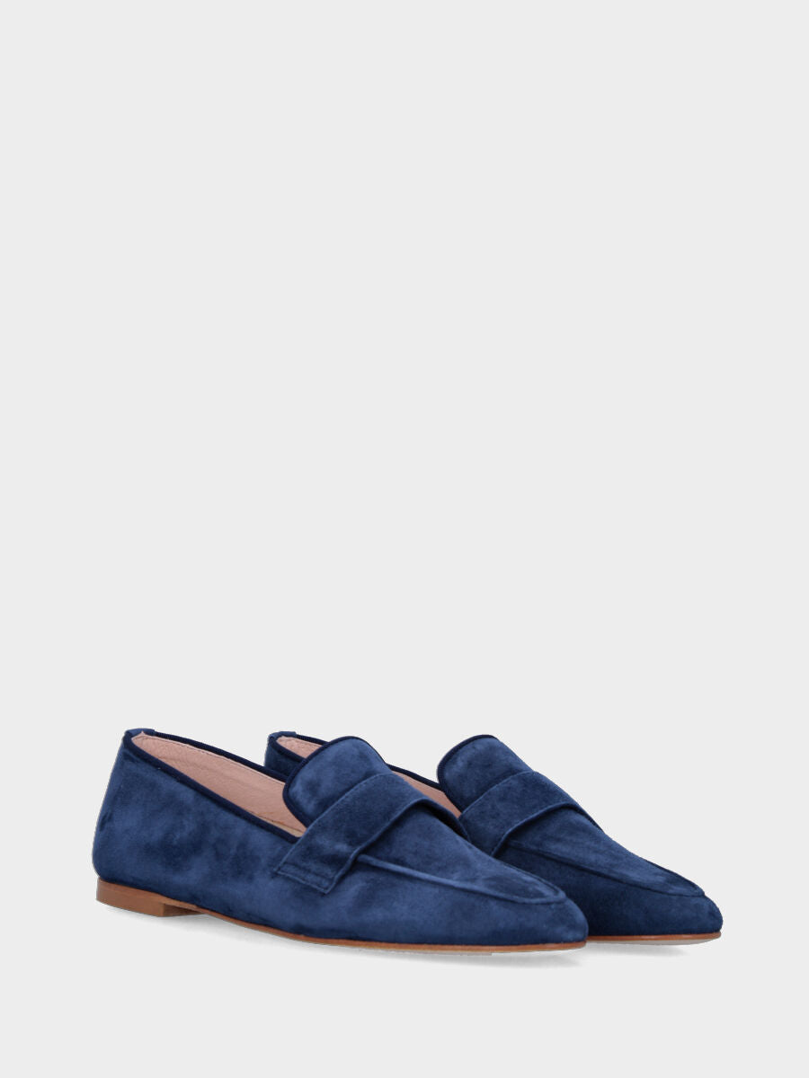 Mocassino in camoscio blu con mascherina a bocca di leone