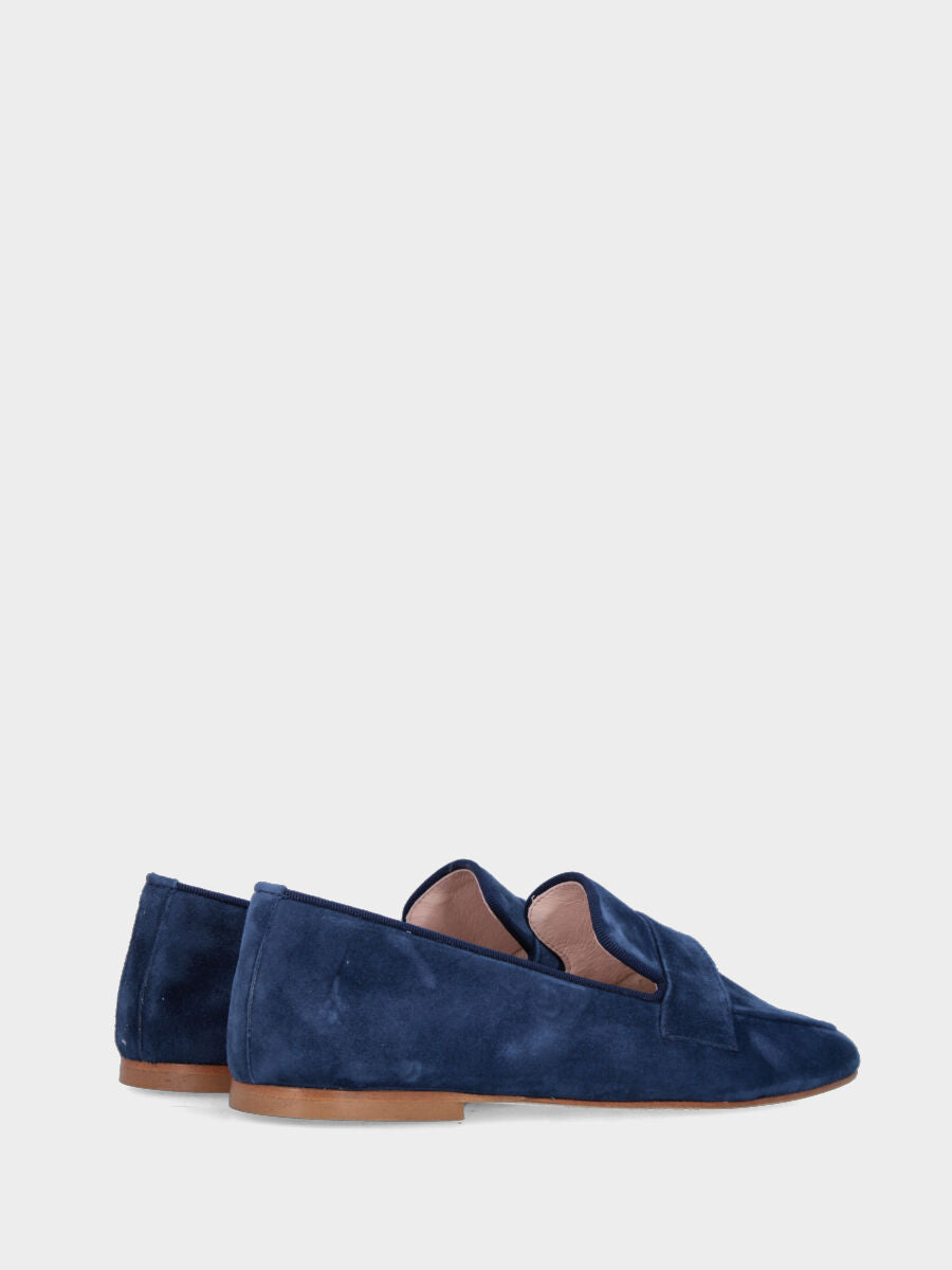 Mocassino in camoscio blu con mascherina a bocca di leone