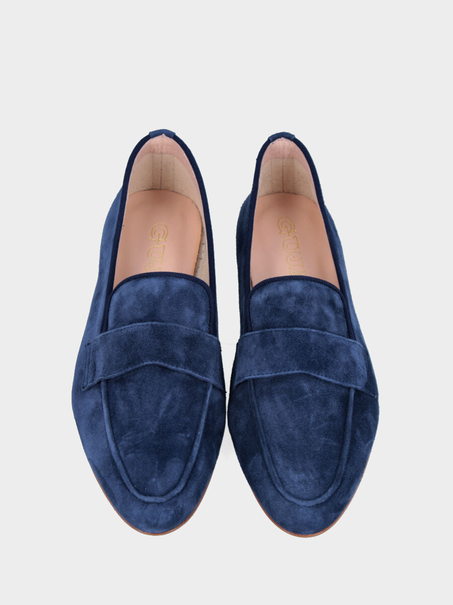 Mocassino in camoscio blu con mascherina a bocca di leone