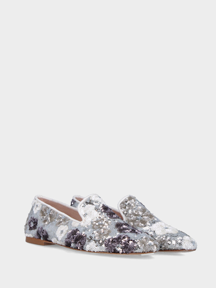 Pantofolina in paillettes nei toni argento con motivo floreale