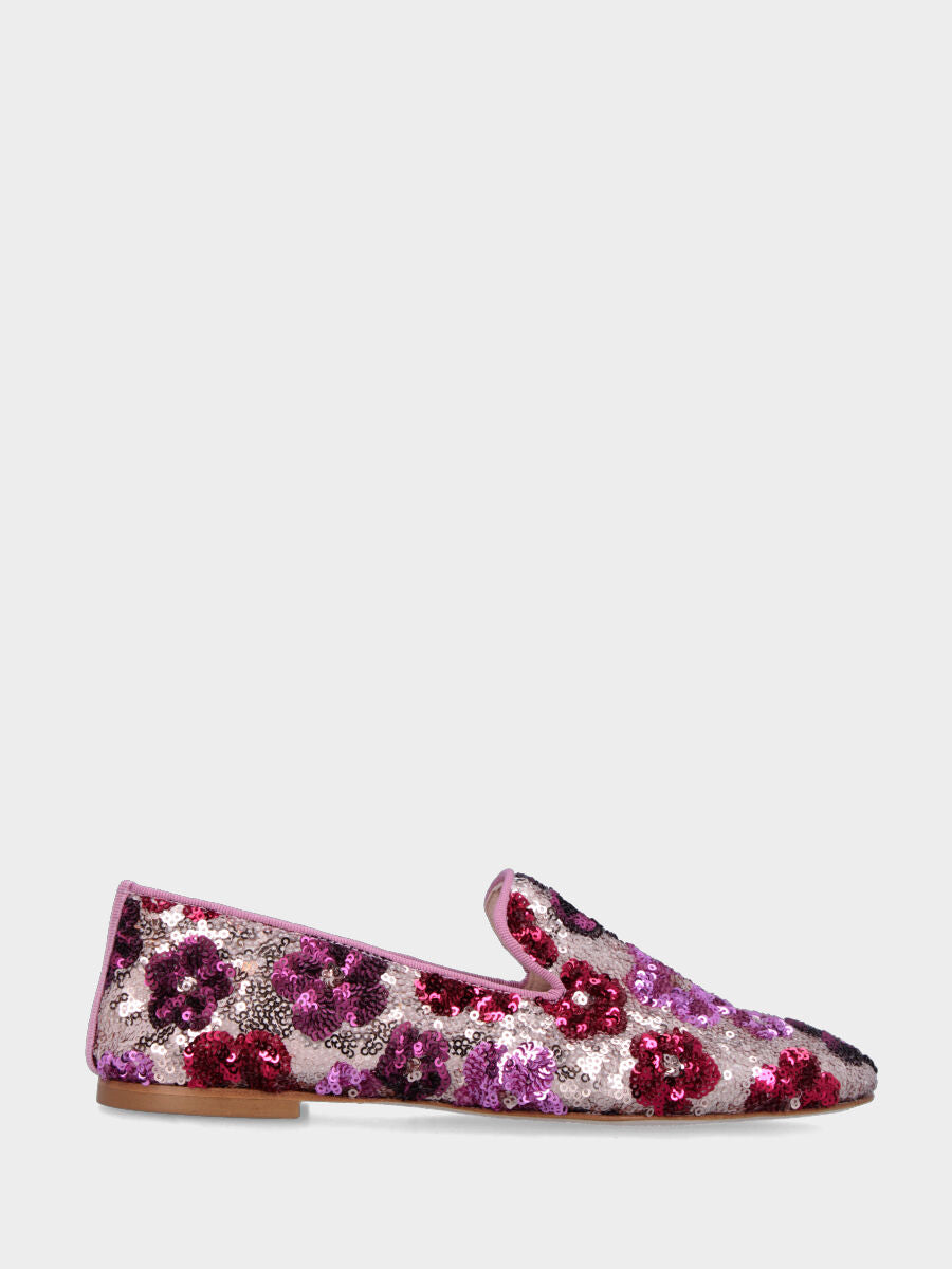 Pantofolina in paillettes nei toni rosa con motivo floreale
