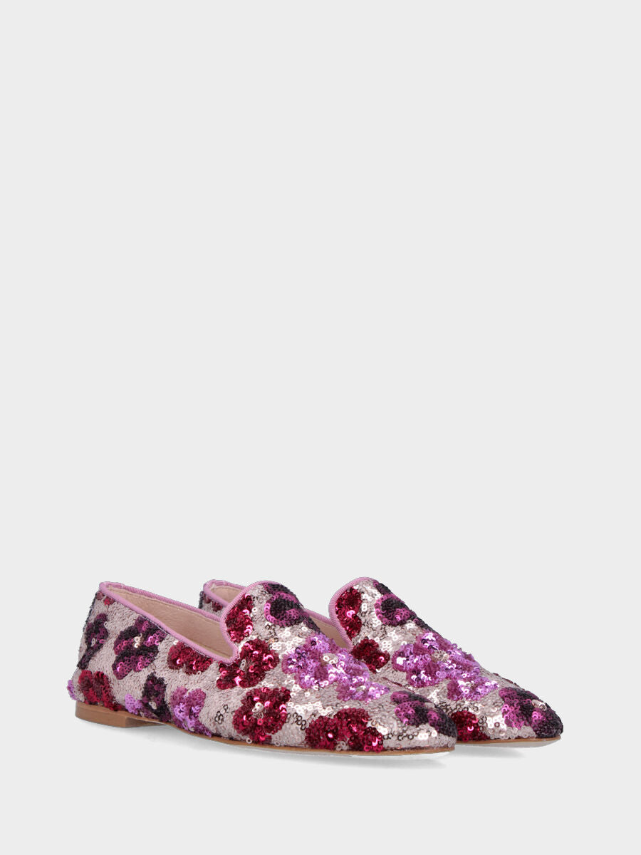 Pantofolina in paillettes nei toni rosa con motivo floreale