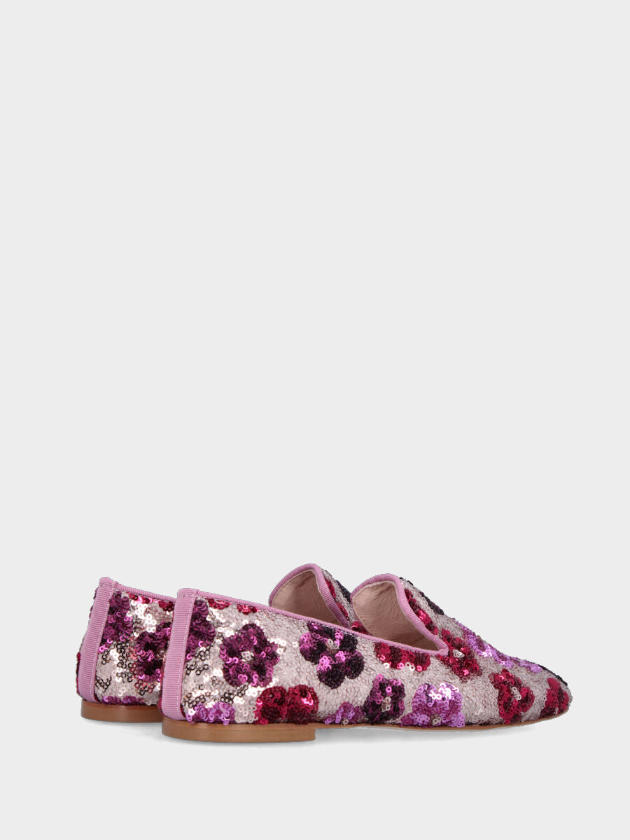 Pantofolina in paillettes nei toni rosa con motivo floreale
