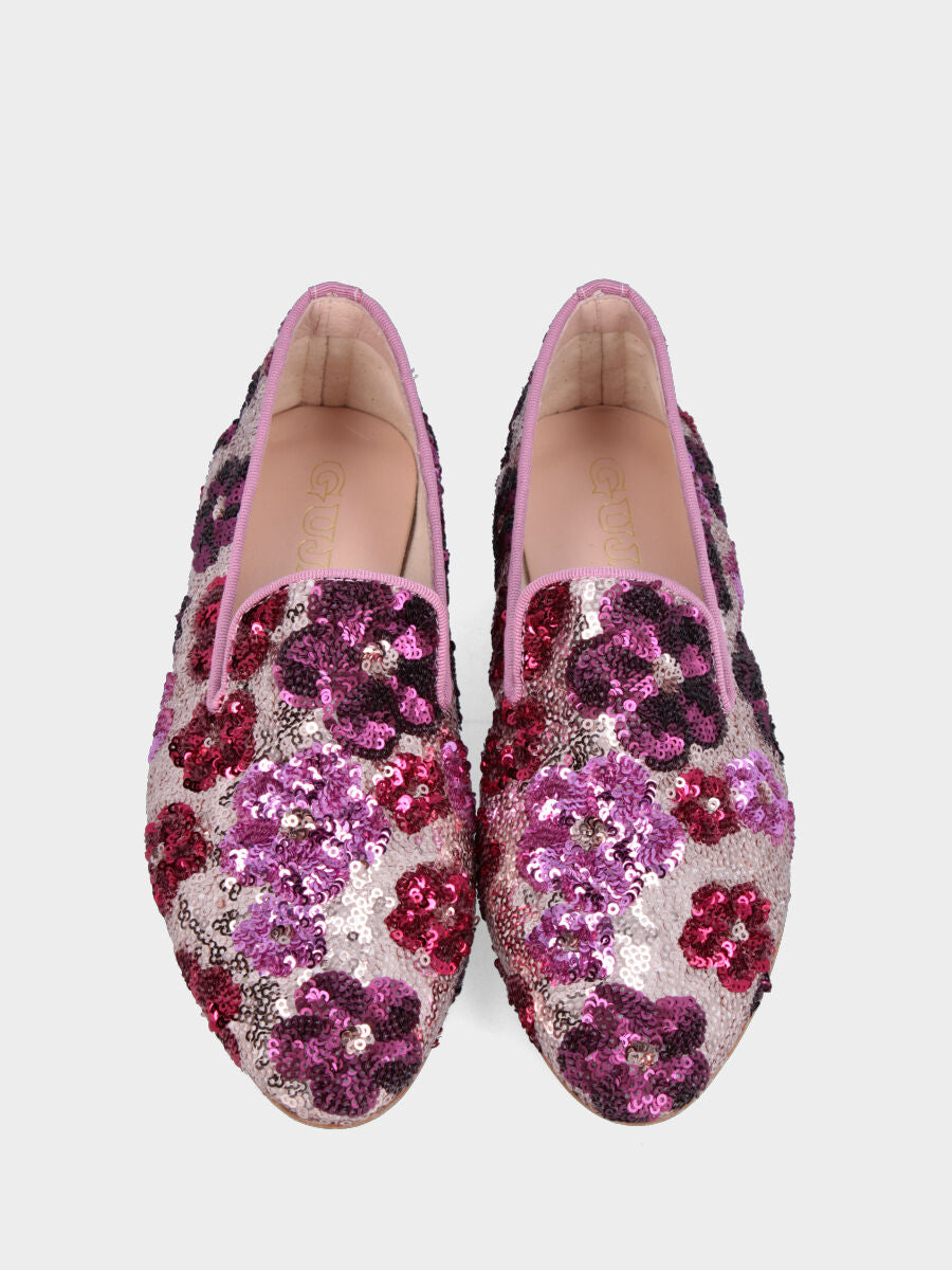 Pantofolina in paillettes nei toni rosa con motivo floreale