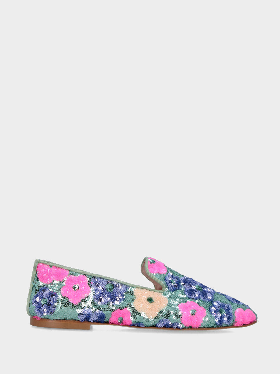 Pantofolina in paillettes nei toni verde salvia con motivo floreale