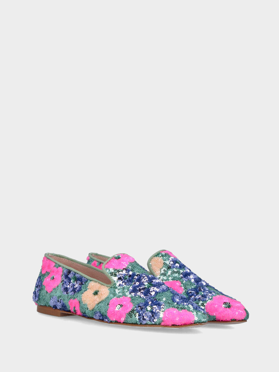 Pantofolina in paillettes nei toni verde salvia con motivo floreale