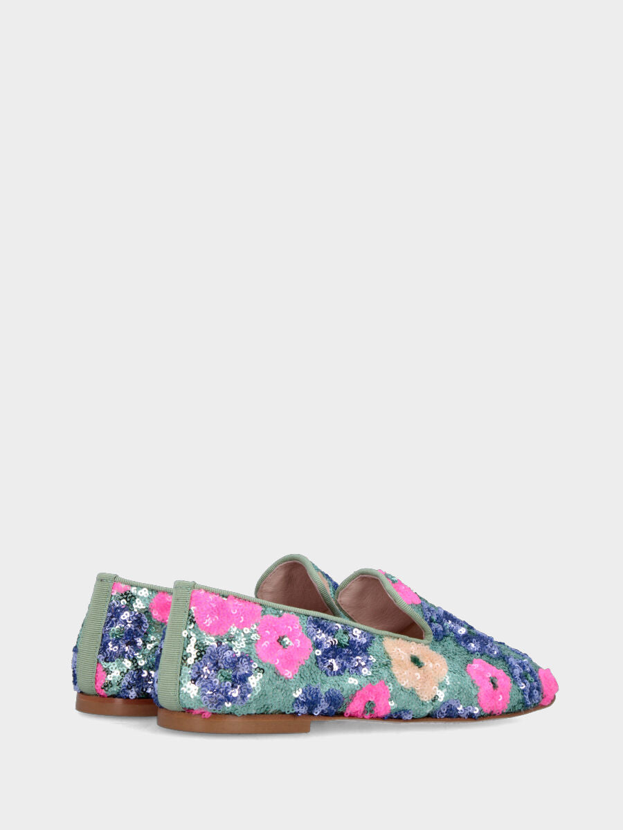 Pantofolina in paillettes nei toni verde salvia con motivo floreale