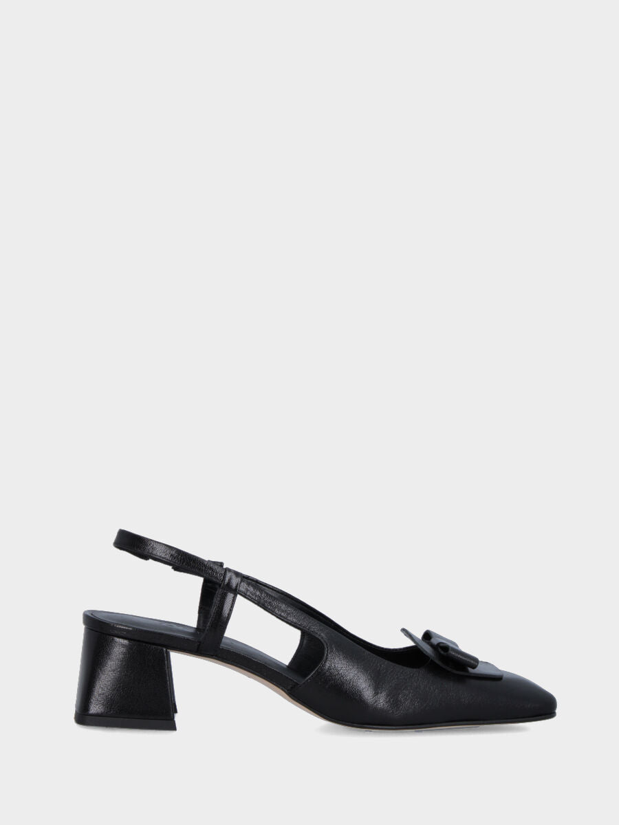 Slingback in vitello nero con tacco a blocco 50 mm e fiocchetto