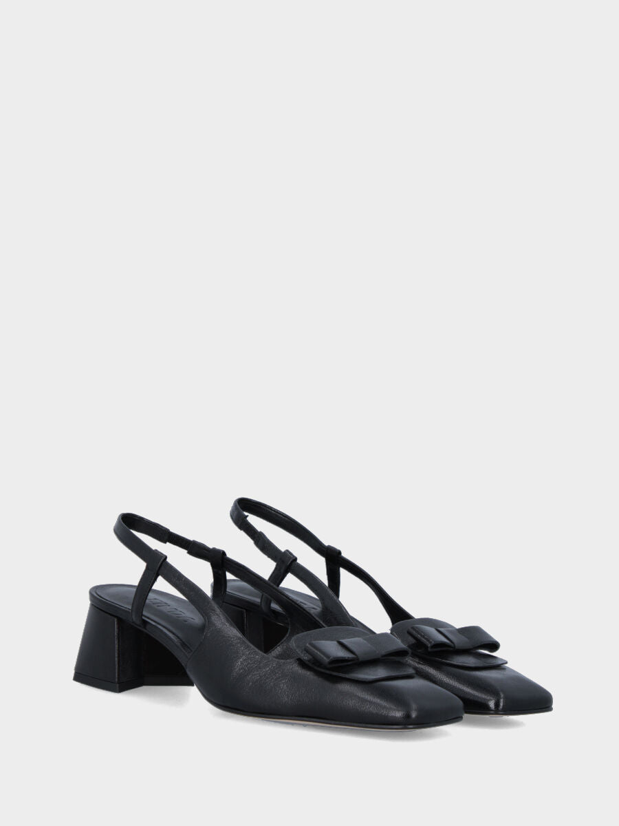 Slingback in vitello nero con tacco a blocco 50 mm e fiocchetto