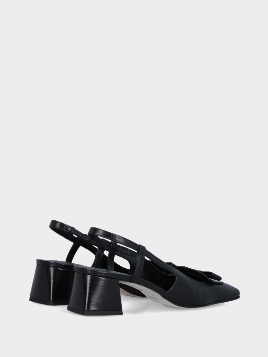 Slingback in vitello nero con tacco a blocco 50 mm e fiocchetto