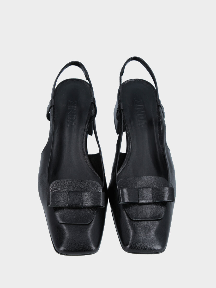 Slingback in vitello nero con tacco a blocco 50 mm e fiocchetto