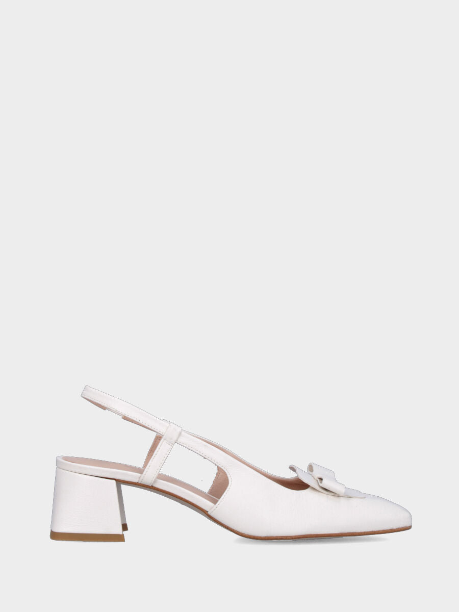 Slingback in vitello bianco con tacco a blocco 50 mm e fiocchetto