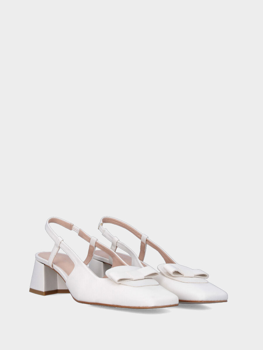 Slingback in vitello bianco con tacco a blocco 50 mm e fiocchetto