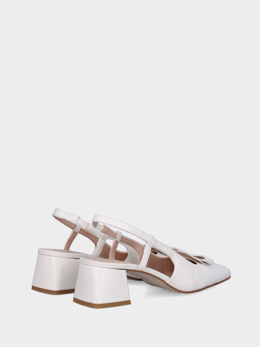 Slingback in vitello bianco con tacco a blocco 50 mm e fiocchetto
