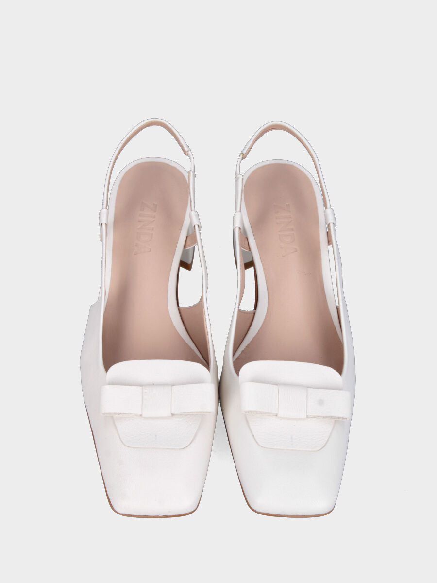 Slingback in vitello bianco con tacco a blocco 50 mm e fiocchetto