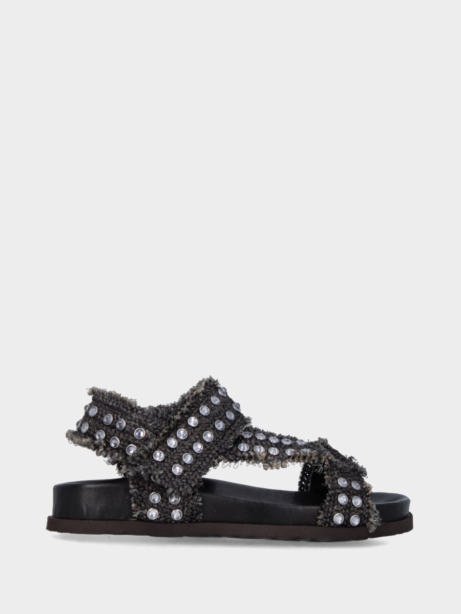 Sandalo in rafia nera con borchie di strass e fusbet 20mm