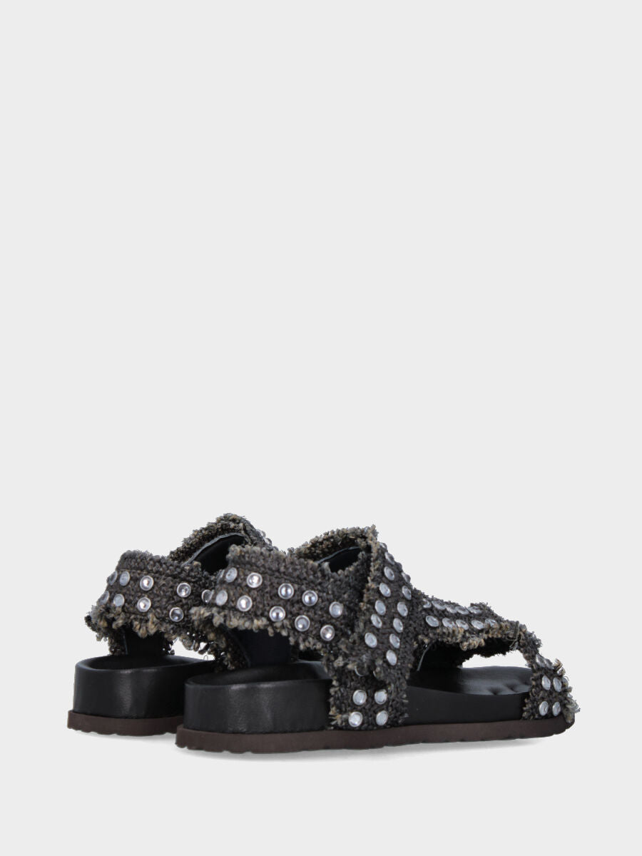 Sandalo in rafia nera con borchie di strass e fusbet 20mm