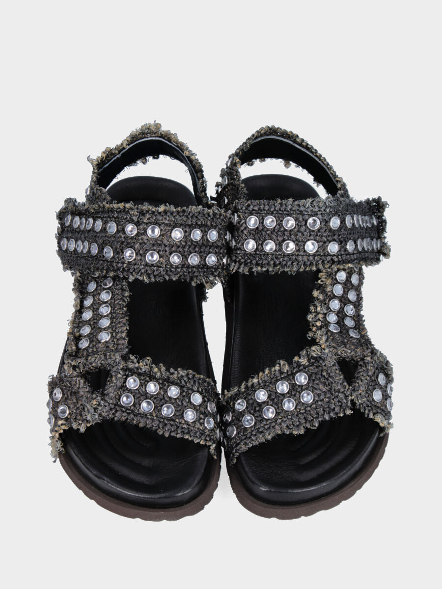 Sandalo in rafia nera con borchie di strass e fusbet 20mm