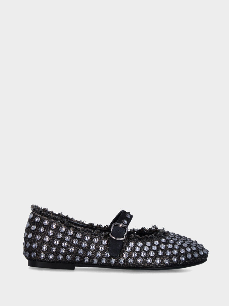 Ballerina Mary Jane in rafia nera con strass a borchie