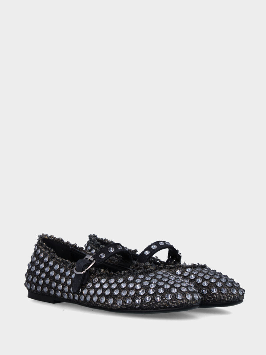 Ballerina Mary Jane in rafia nera con strass a borchie