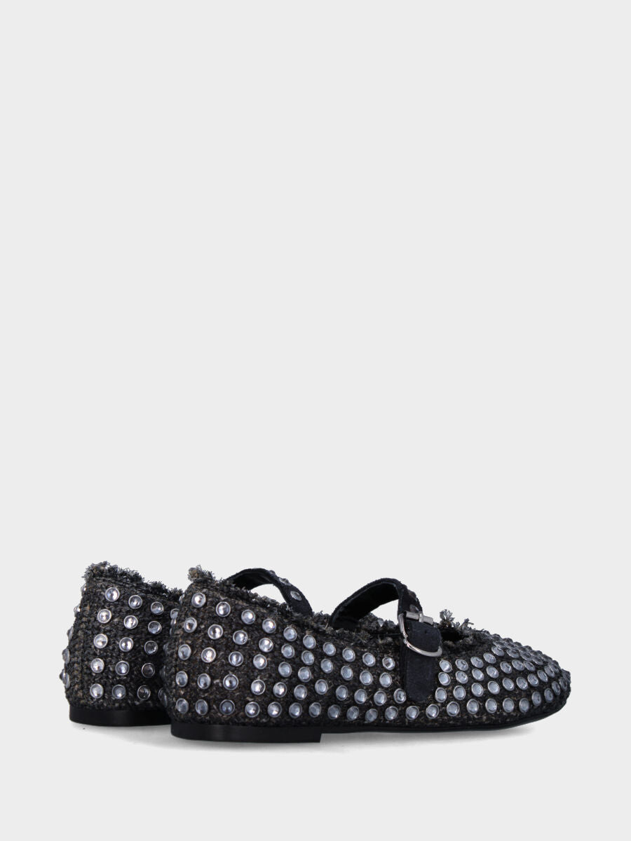 Ballerina Mary Jane in rafia nera con strass a borchie