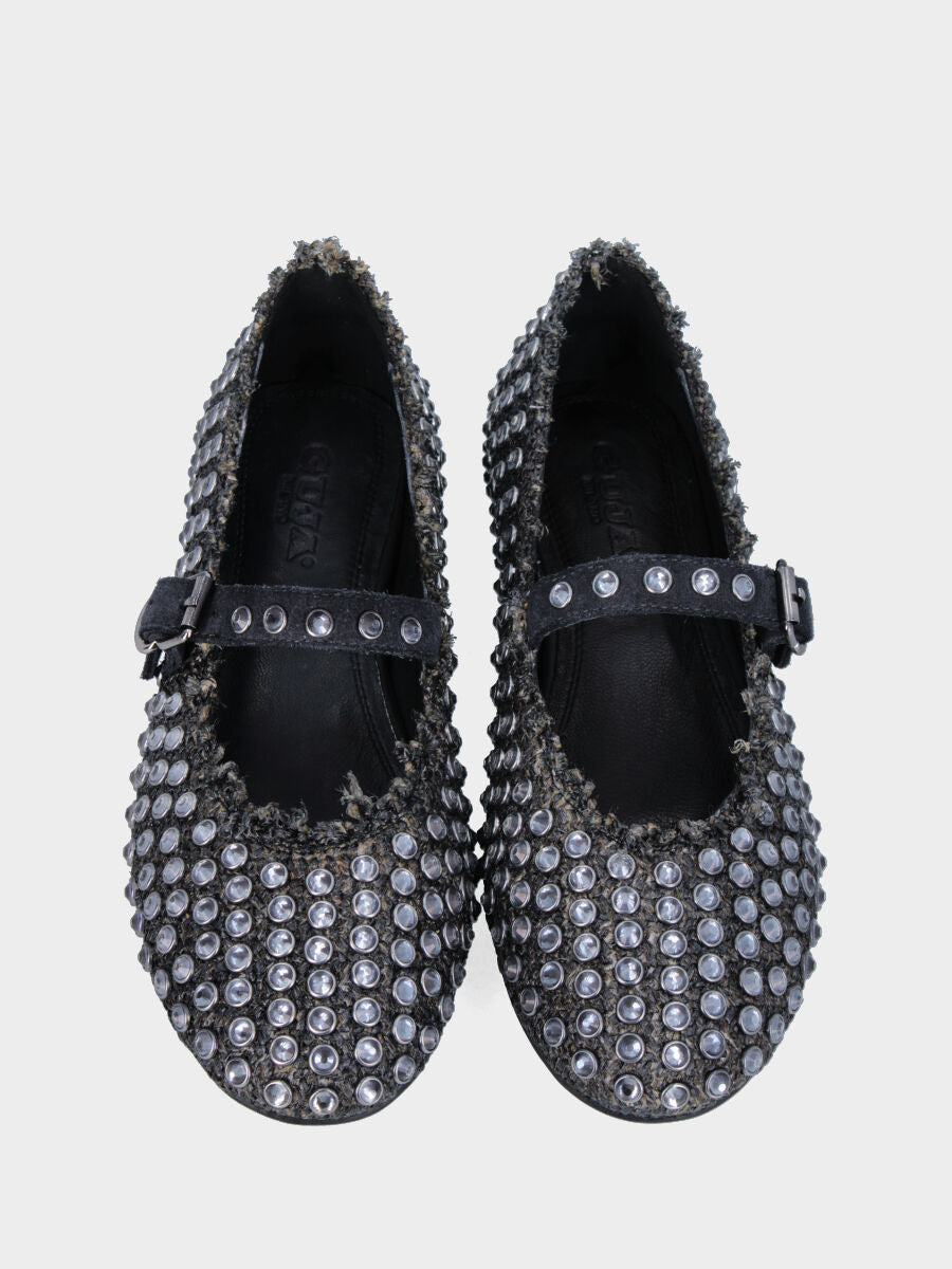 Ballerina Mary Jane in rafia nera con strass a borchie
