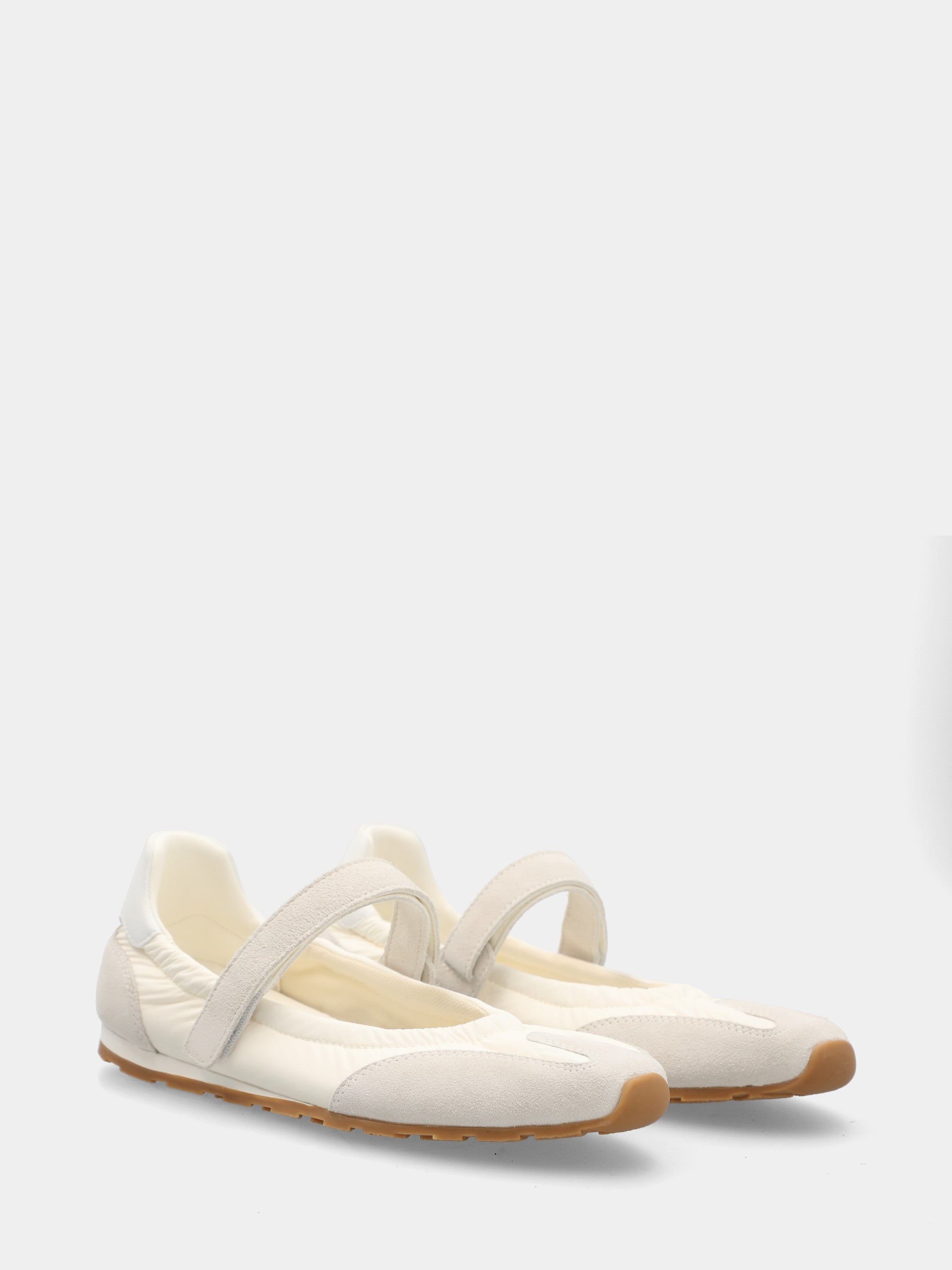 Sneaker Mary Jane in camoscio grigio e nylon bianco