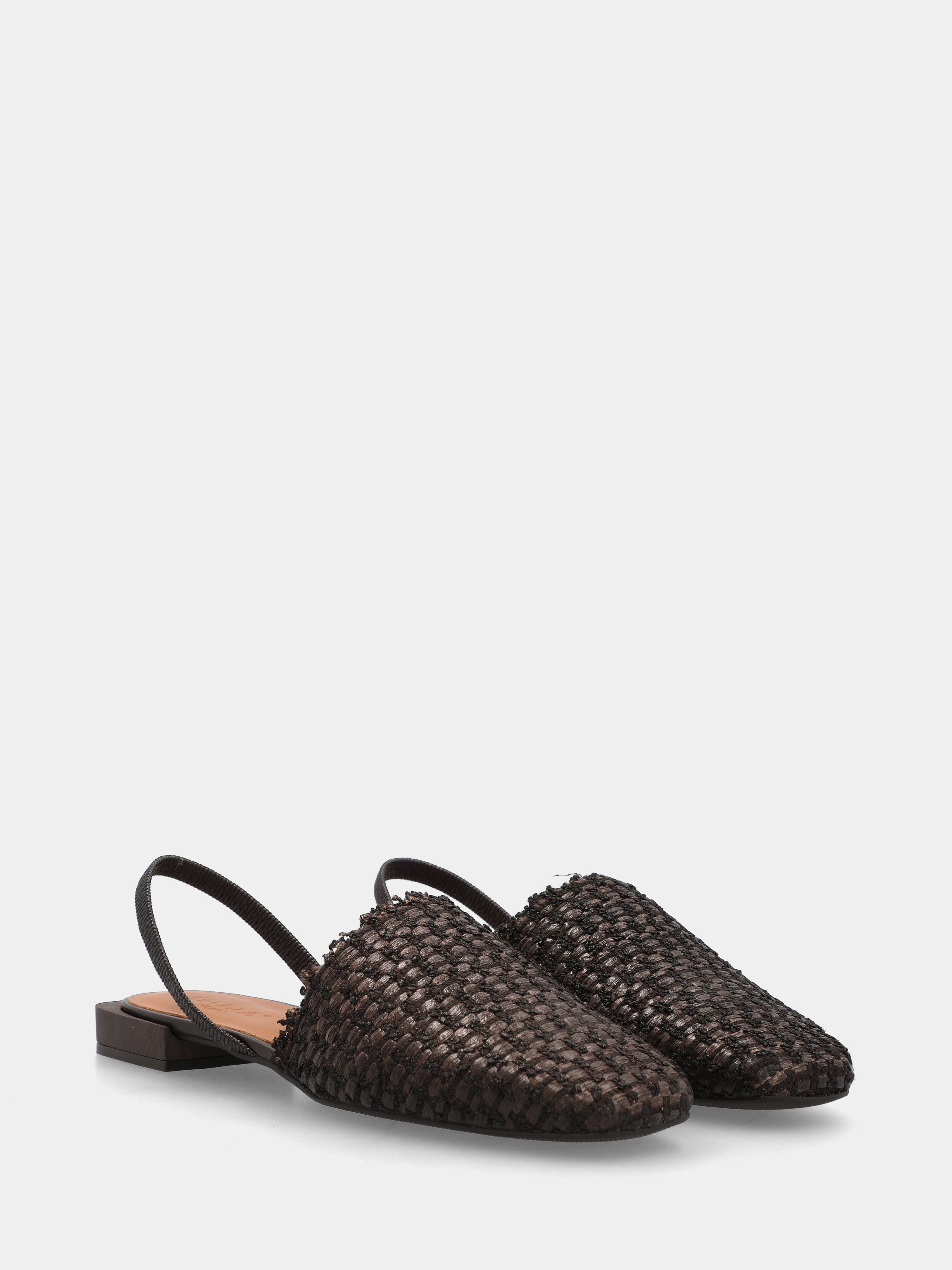 Dark brown raffia clogs with elastic at the heel