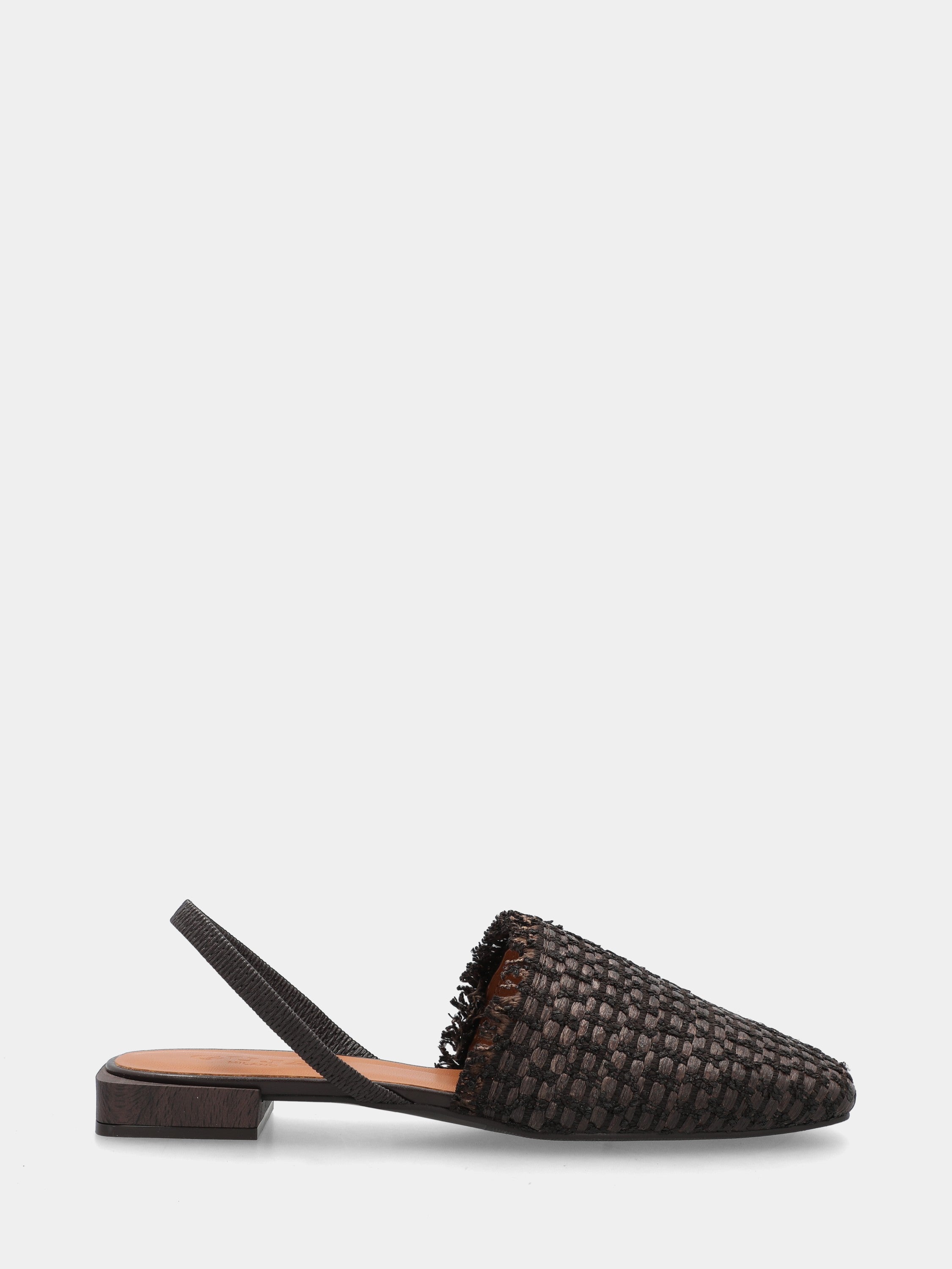 Dark brown raffia clogs with elastic at the heel