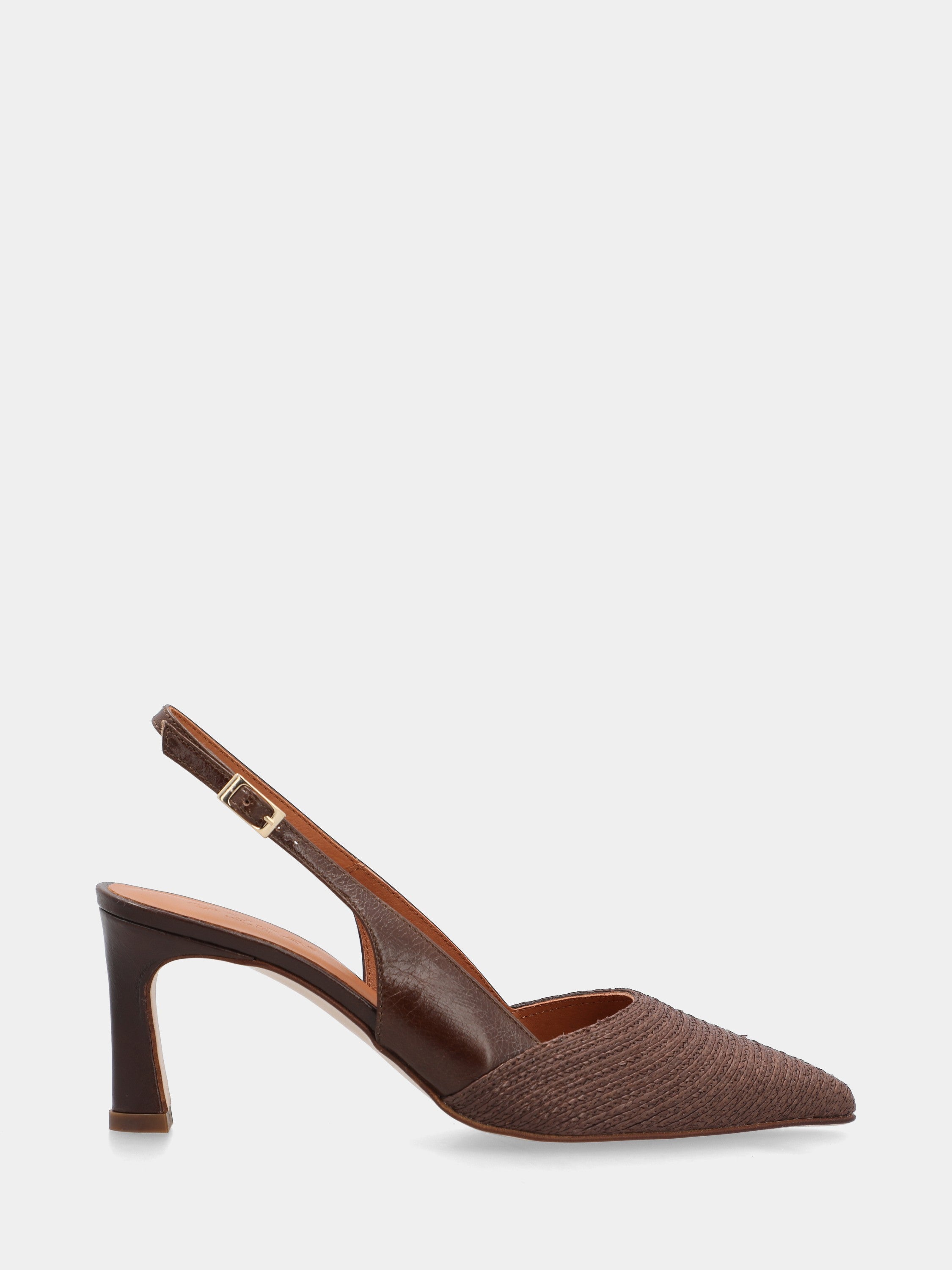 Slingback in rafia e nappa testa di moro con tacco a coda