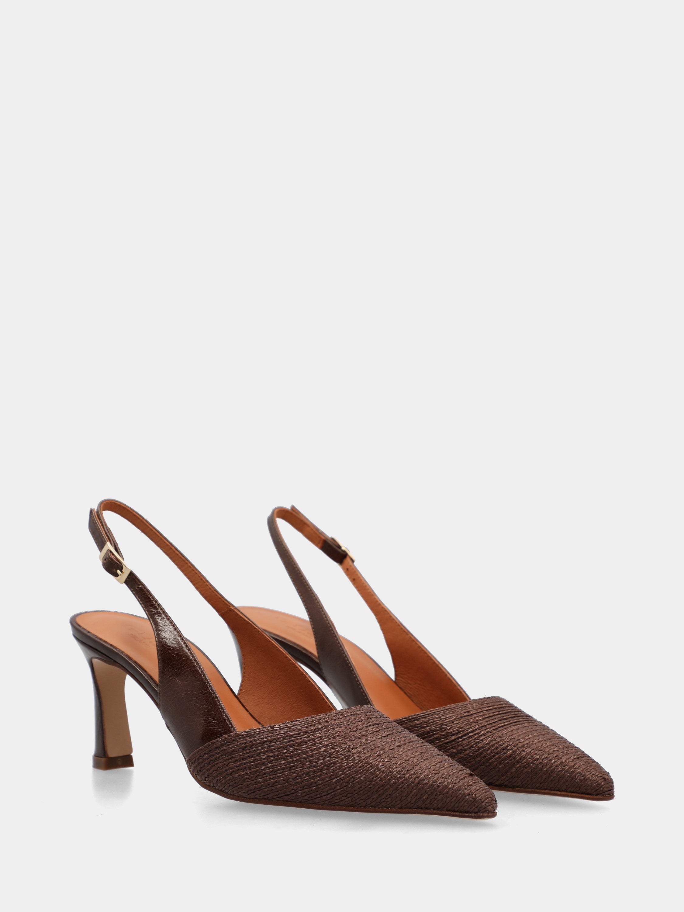 Slingback in rafia e nappa testa di moro con tacco a coda