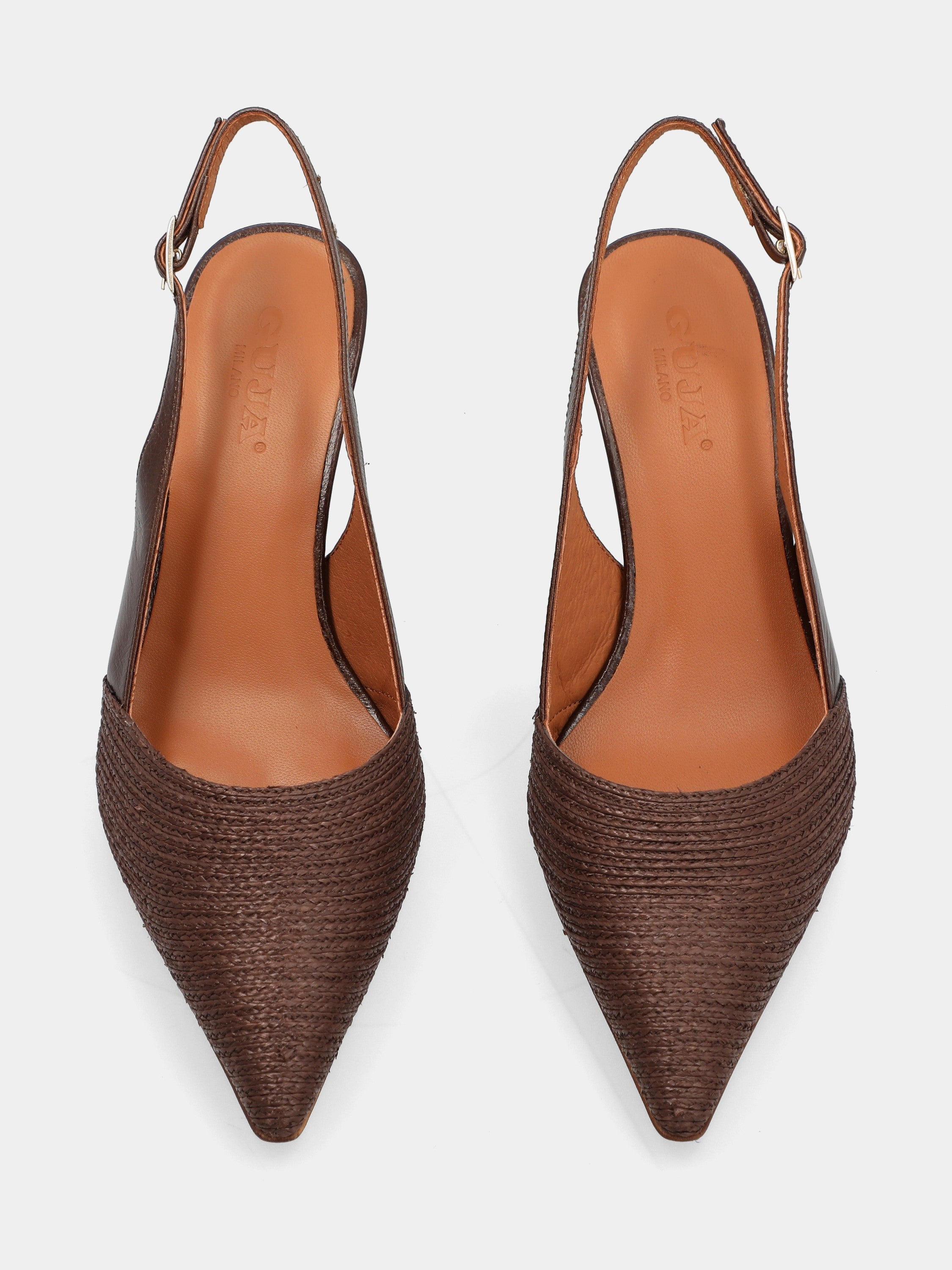 Slingback in rafia e nappa testa di moro con tacco a coda