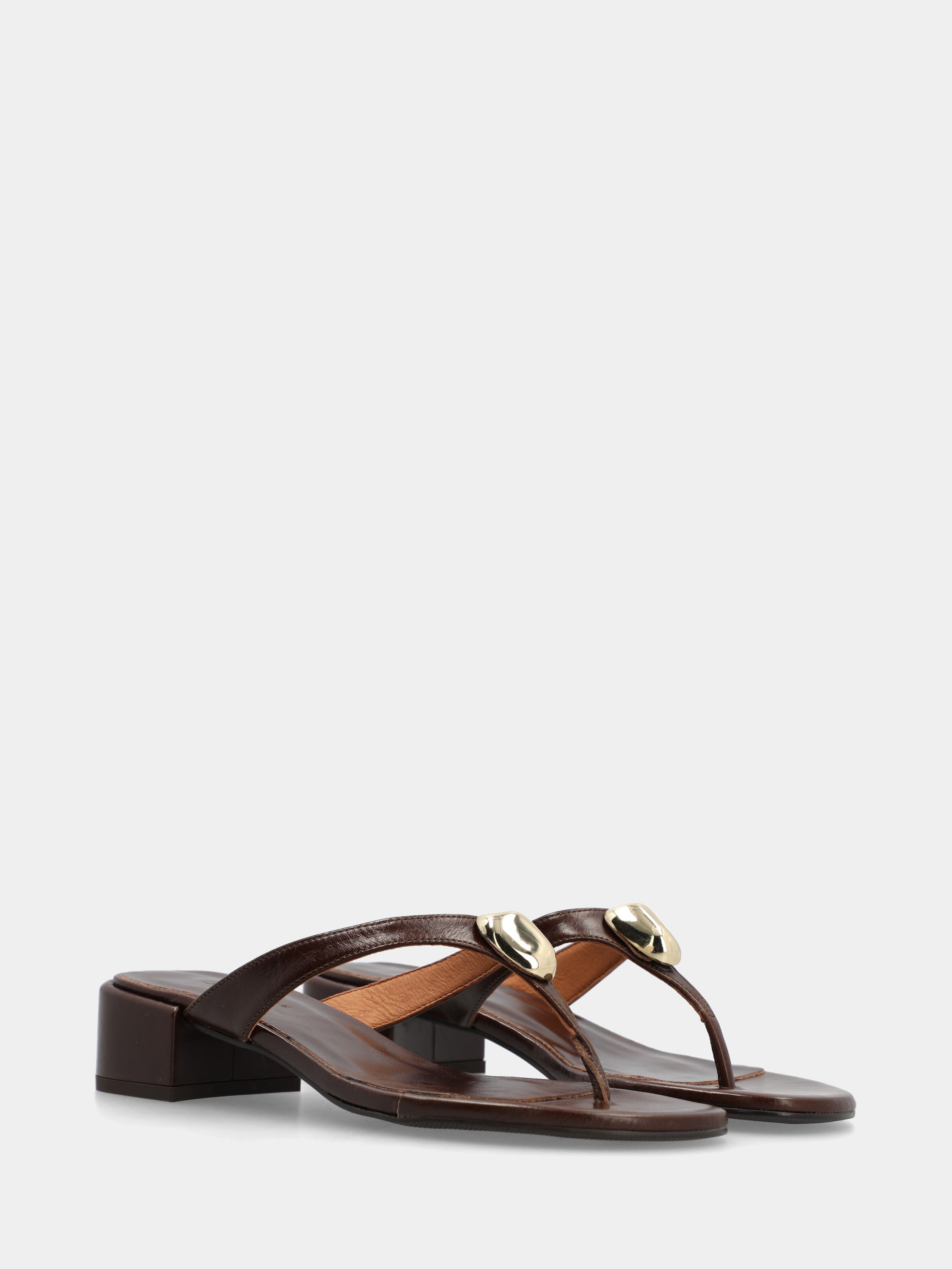 Dark brown calf leather flip-flops with block heel