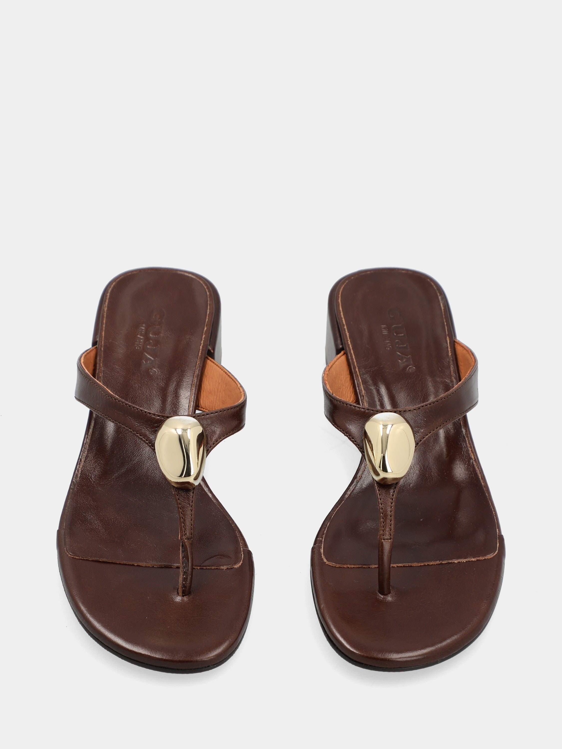 Dark brown calf leather flip-flops with block heel