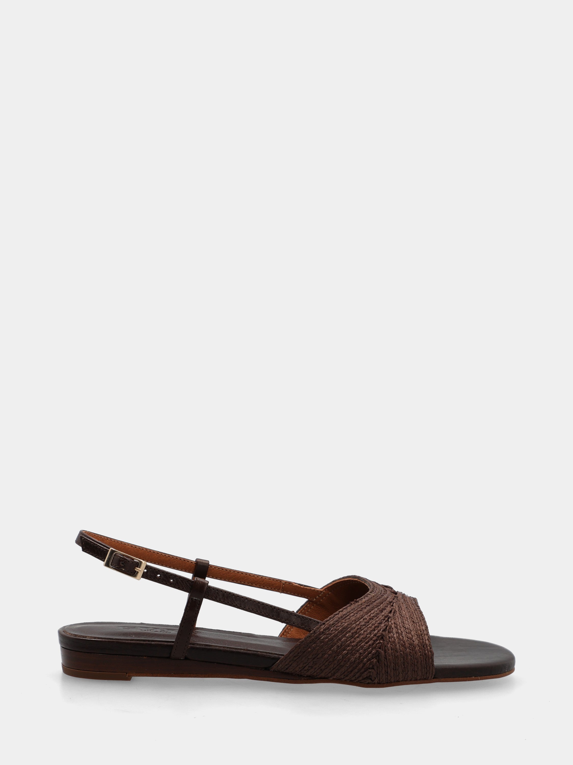 Sandal in dark brown raffia with wedge and woven strap