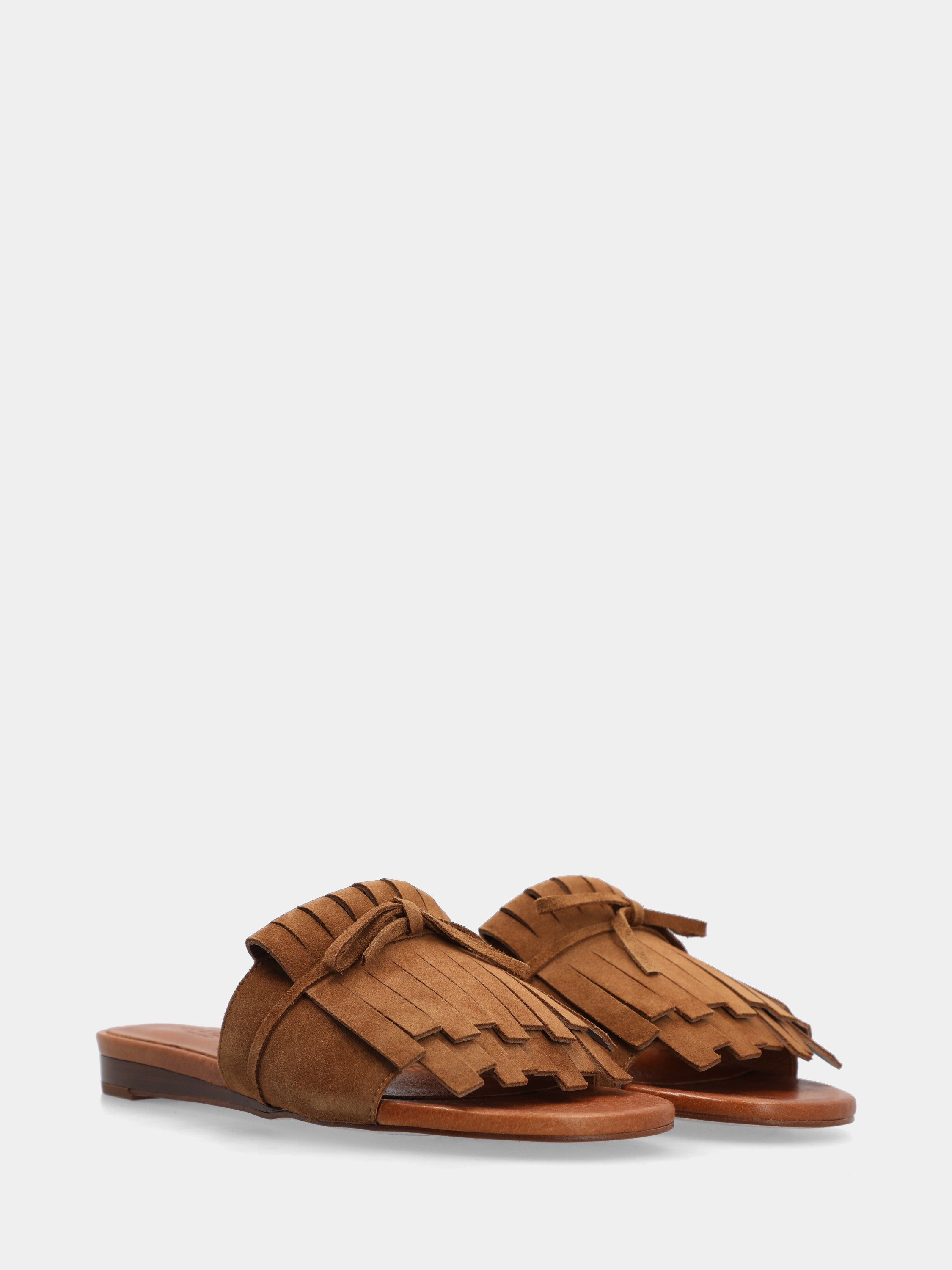 Mule en suède couleur cuir avec plateforme compensée et double frange