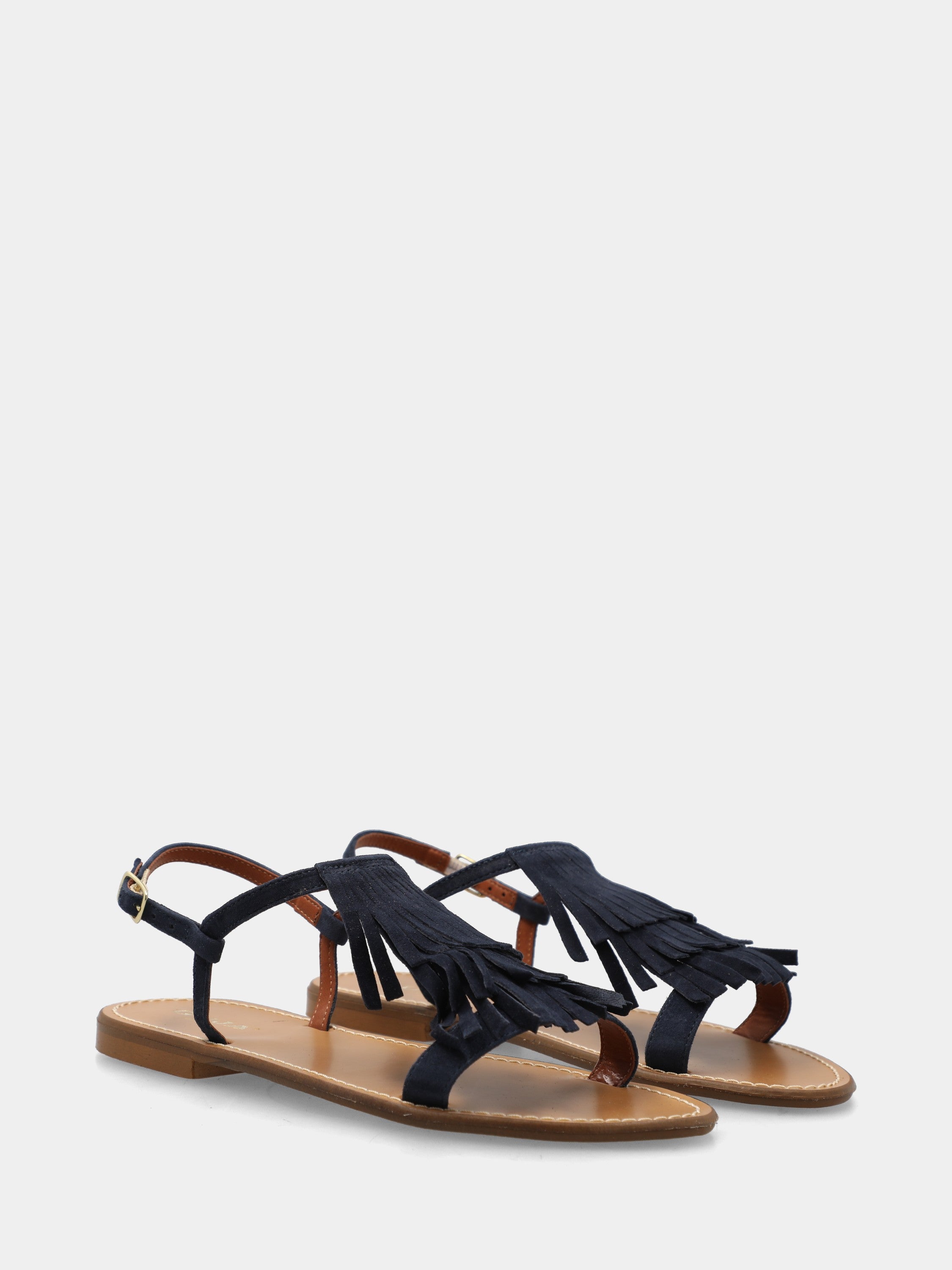 Sandalo flat in camoscio blu con frange sul collo del piede