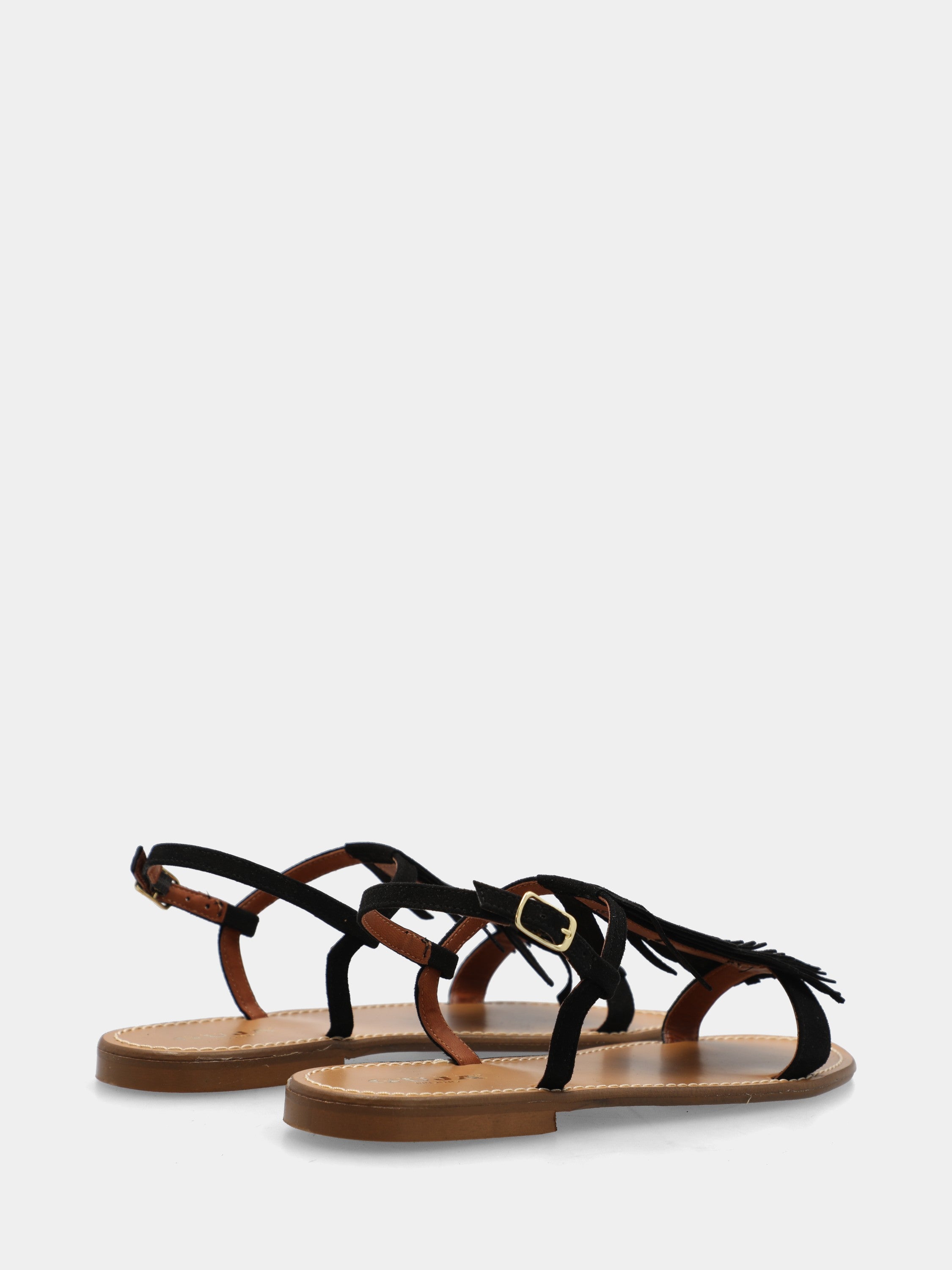 Sandalo flat in camoscio nero con frange sul collo del piede