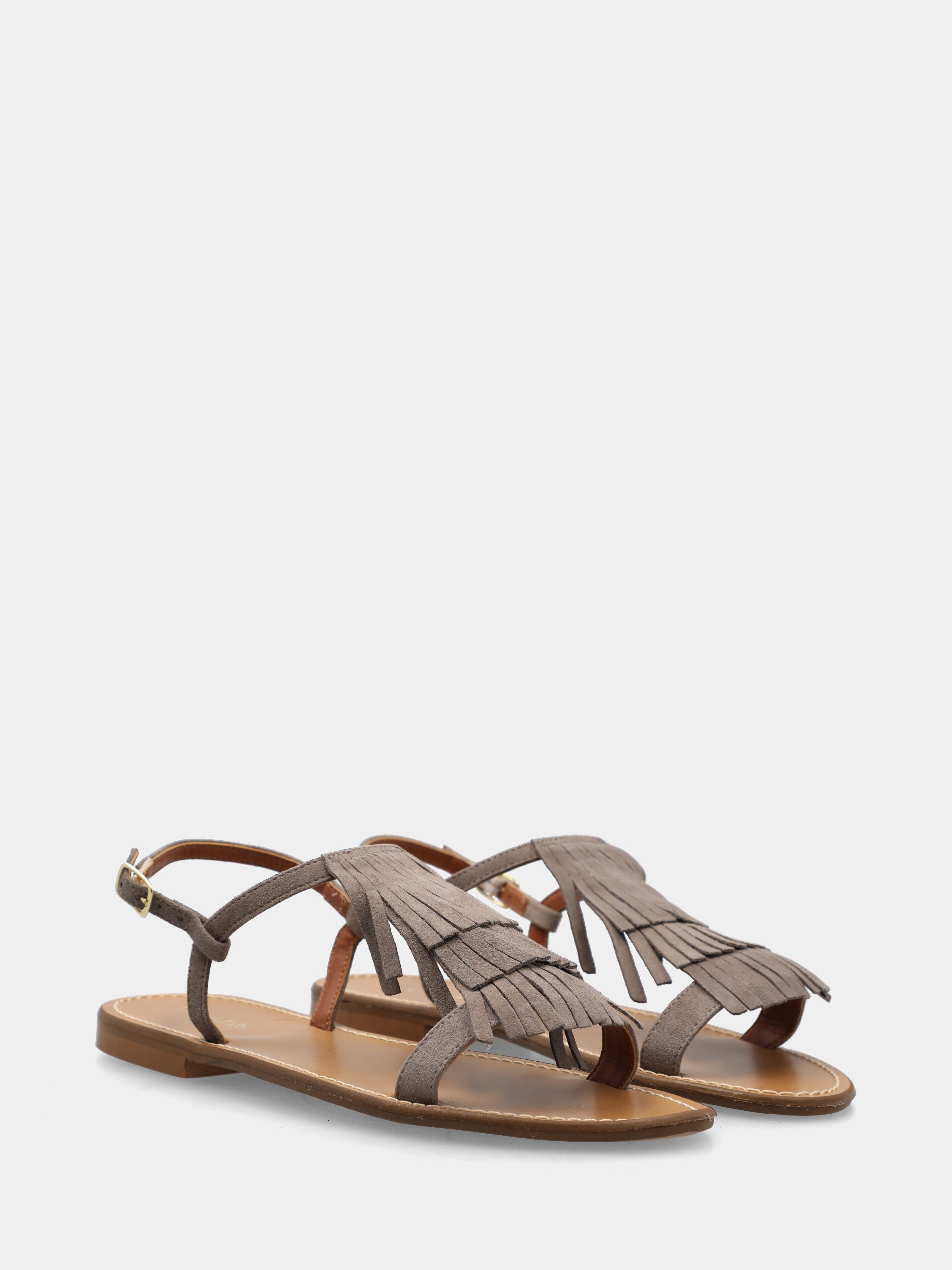 Sandalo flat in camoscio taupe con frange sul collo del piede