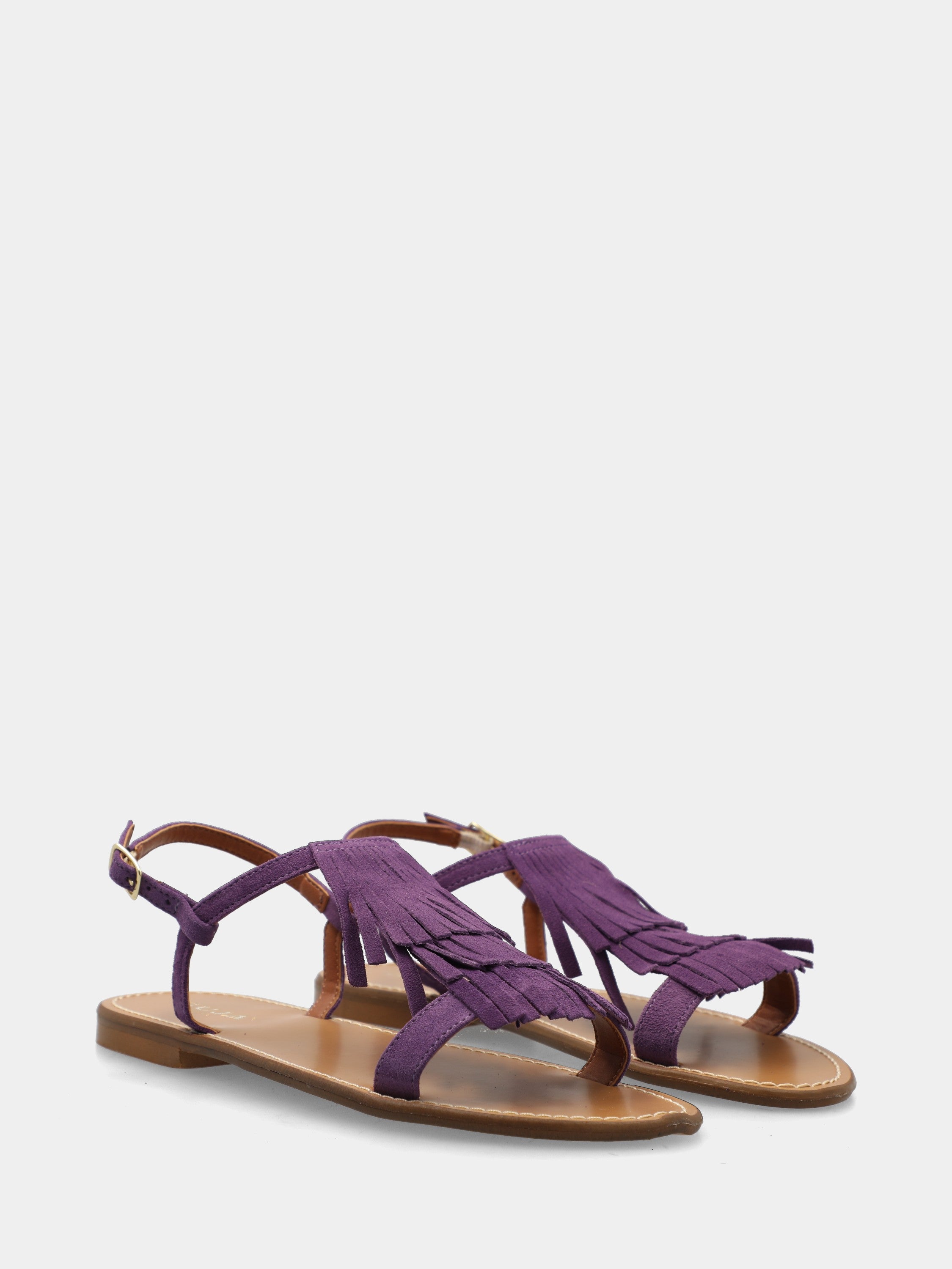 Sandalo flat in camoscio viola con frange sul collo del piede