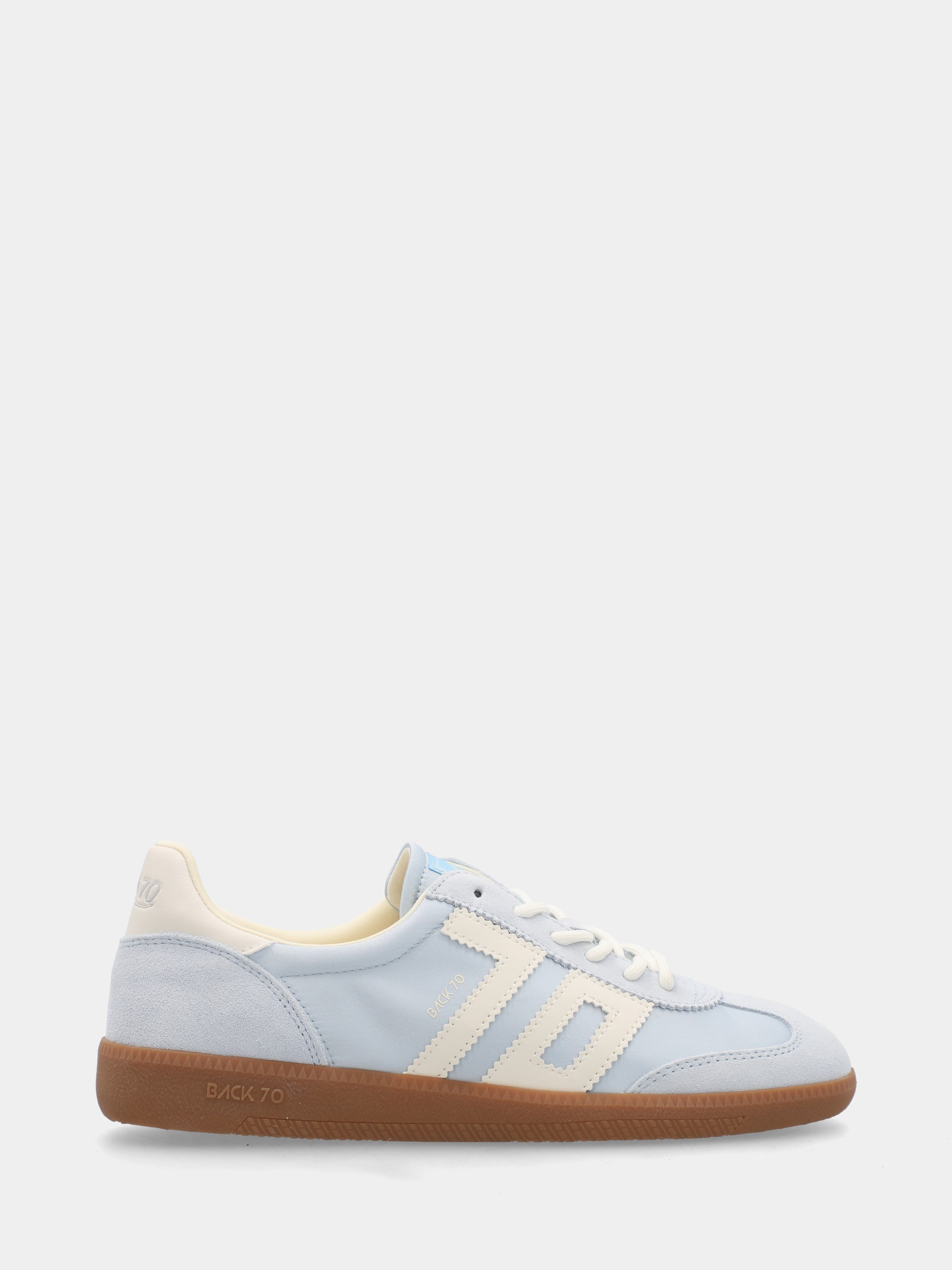 Sneaker in camoscio e satin celeste e beige con suola in gomma