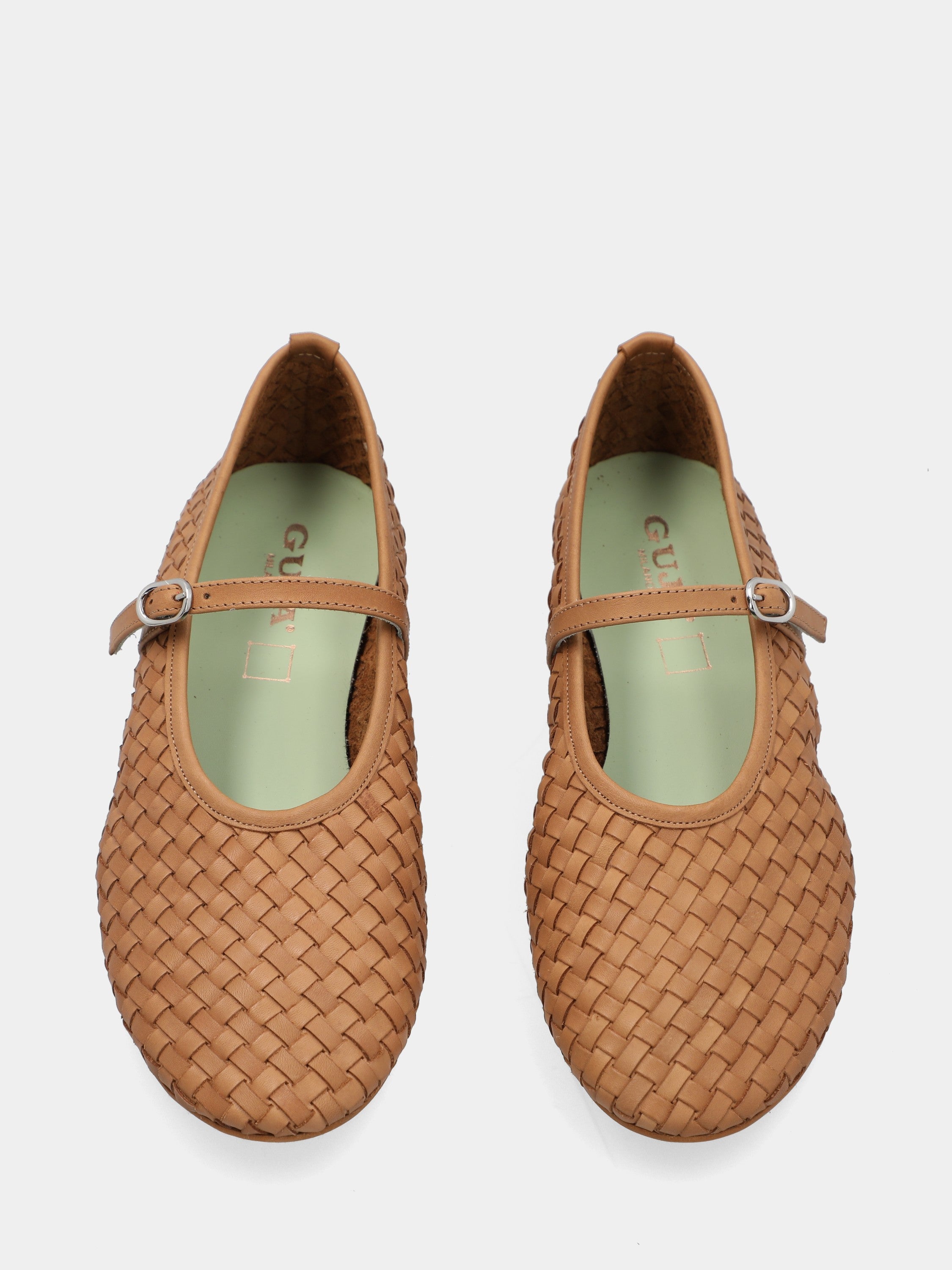 Ballerina in vitello interrciato color cuoio con cinturino e tacco 5mm