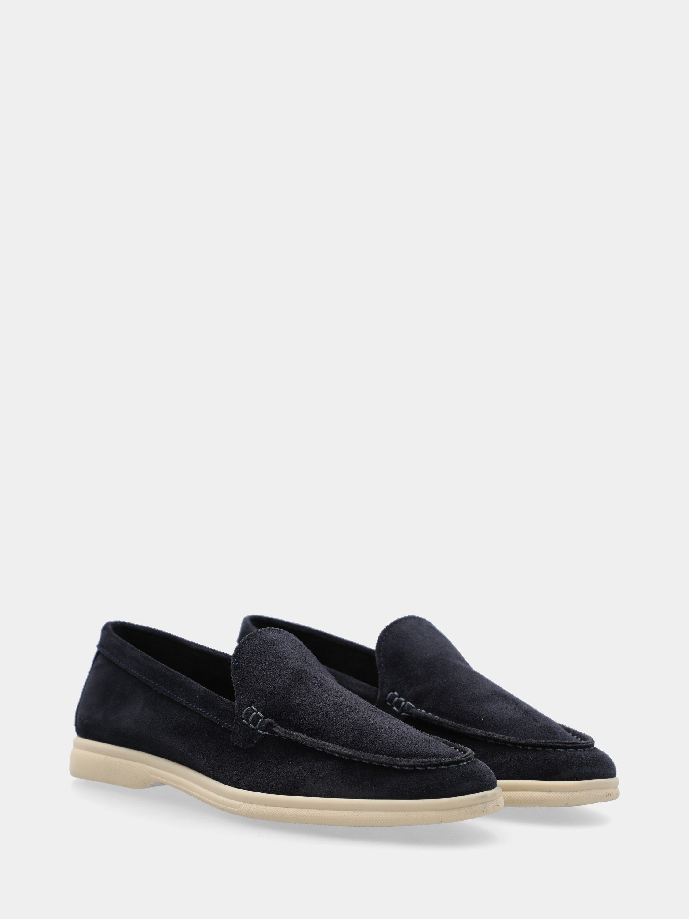 Blue suede flat moccasin with Adler stitching
