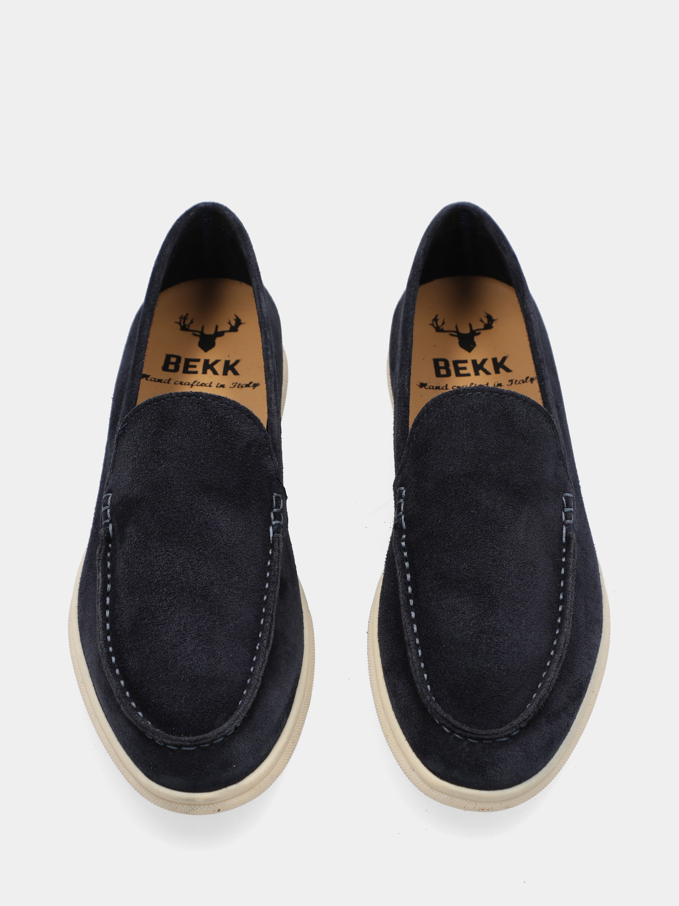 Blue suede flat moccasin with Adler stitching
