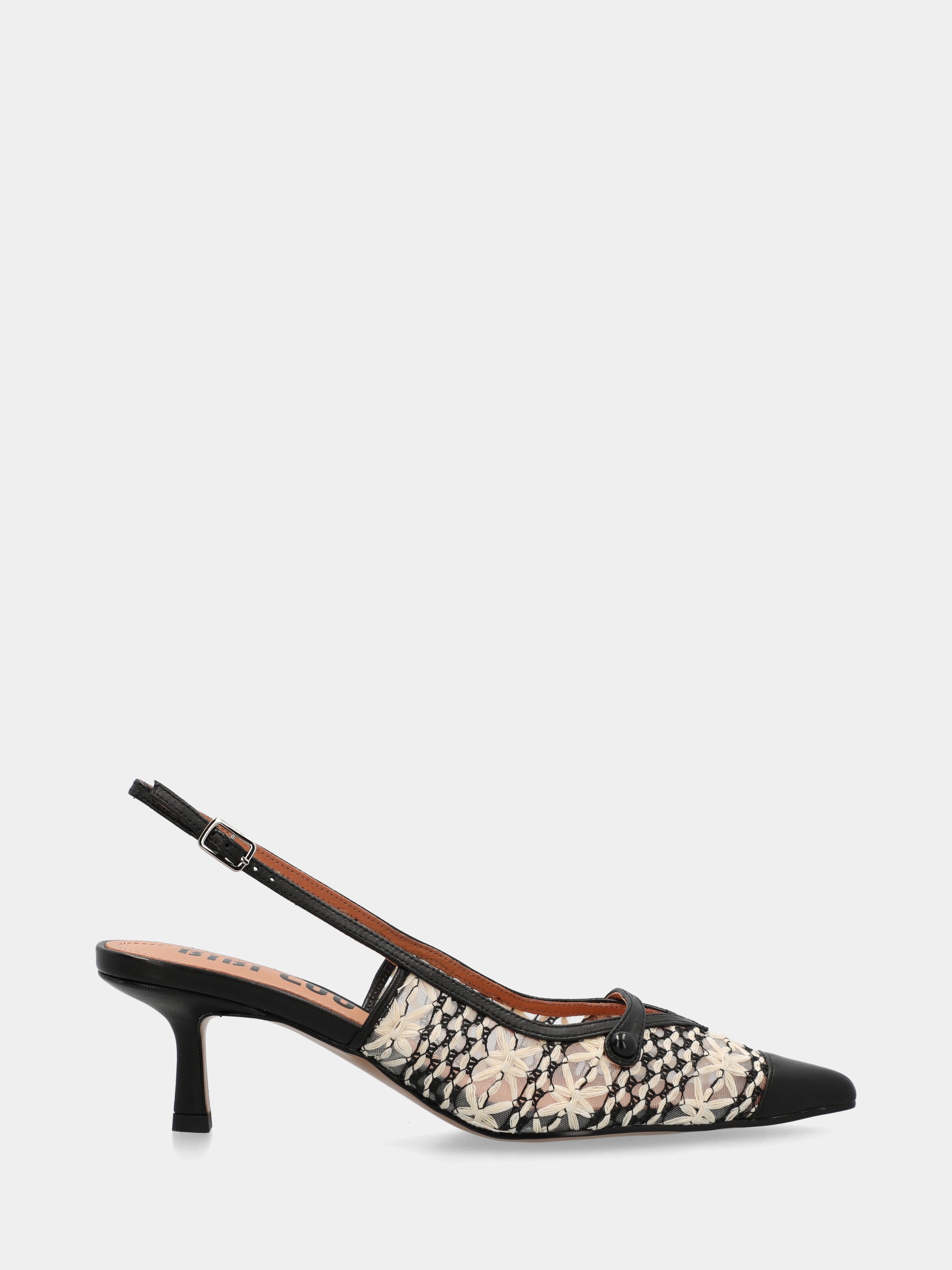 Slingback in vitello nero con dettagli in raffia