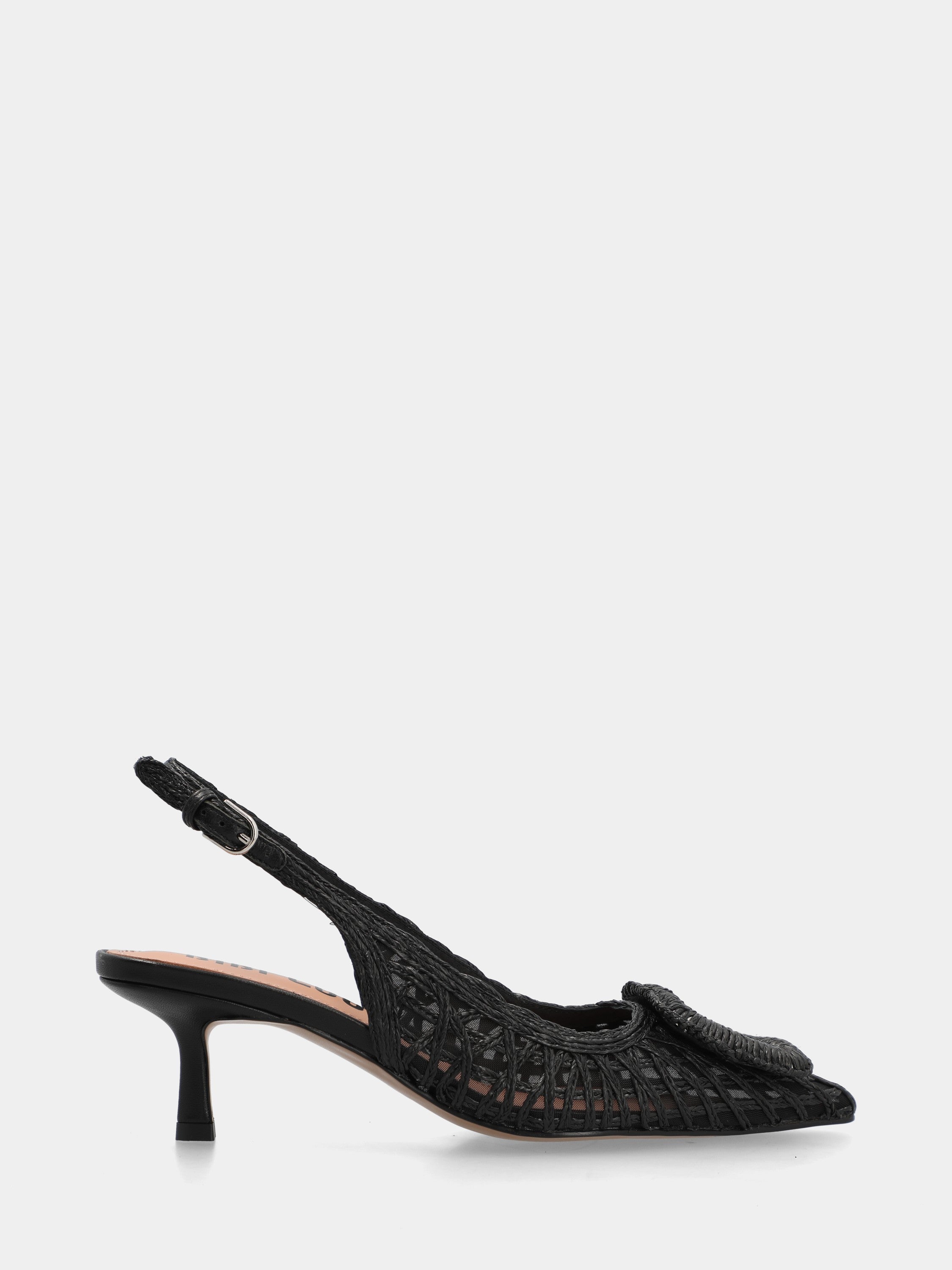 Slingback en raphia noir tressé avec accessoire géométrique
