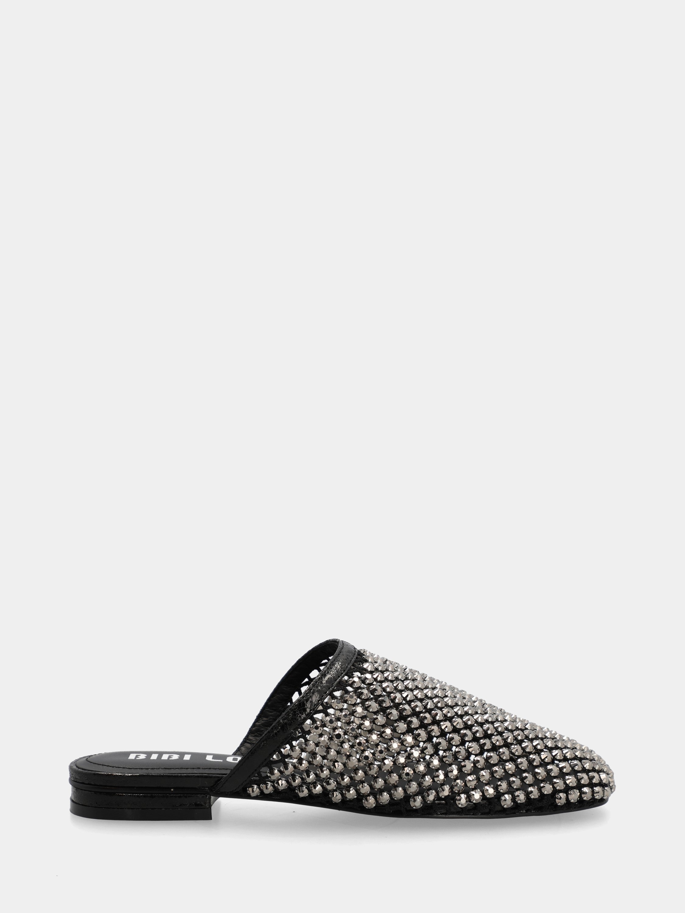 Black patent leather clog with mesh and crystals