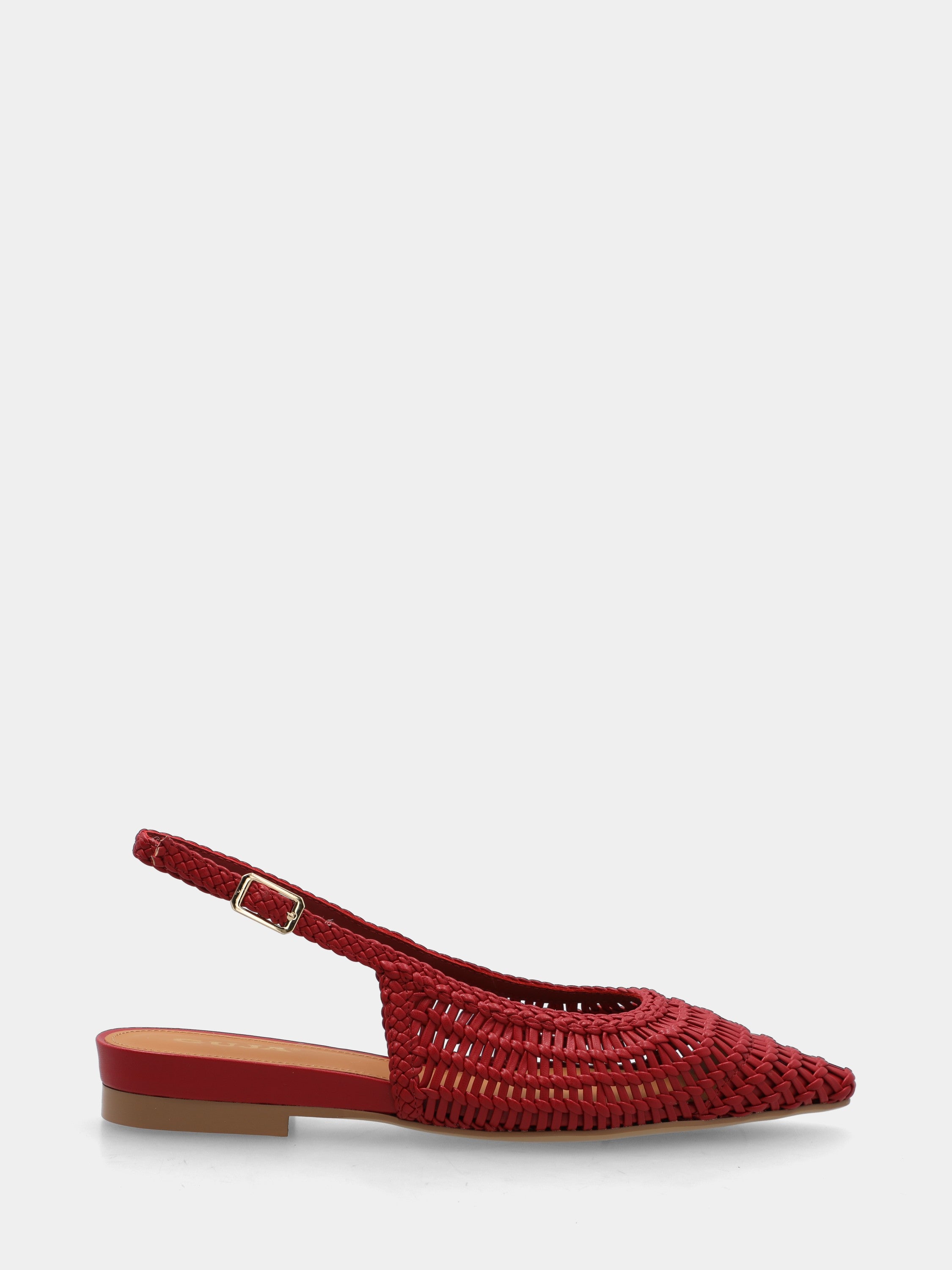 Slingback aus rotem, geflochtenem Kunstleder mit innenliegender Keilsohle